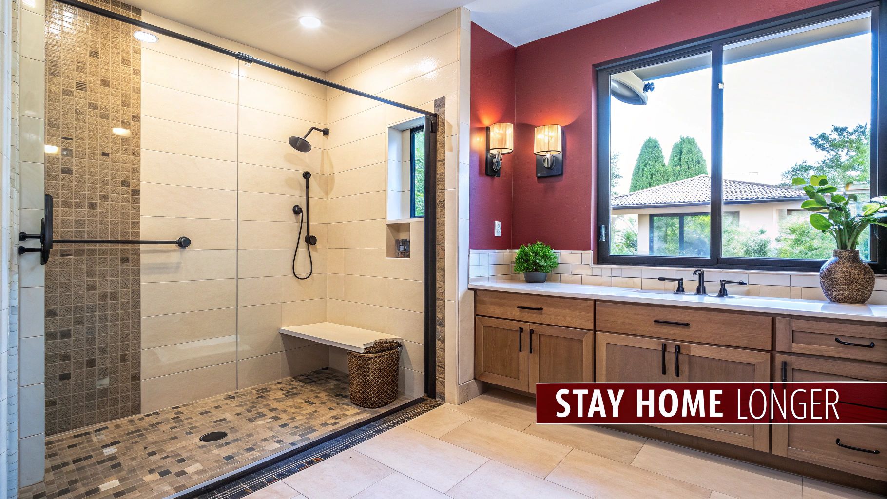 Spacious aging-in-place bathroom featuring a walk-in shower with grab bars, bench, and double vanity.