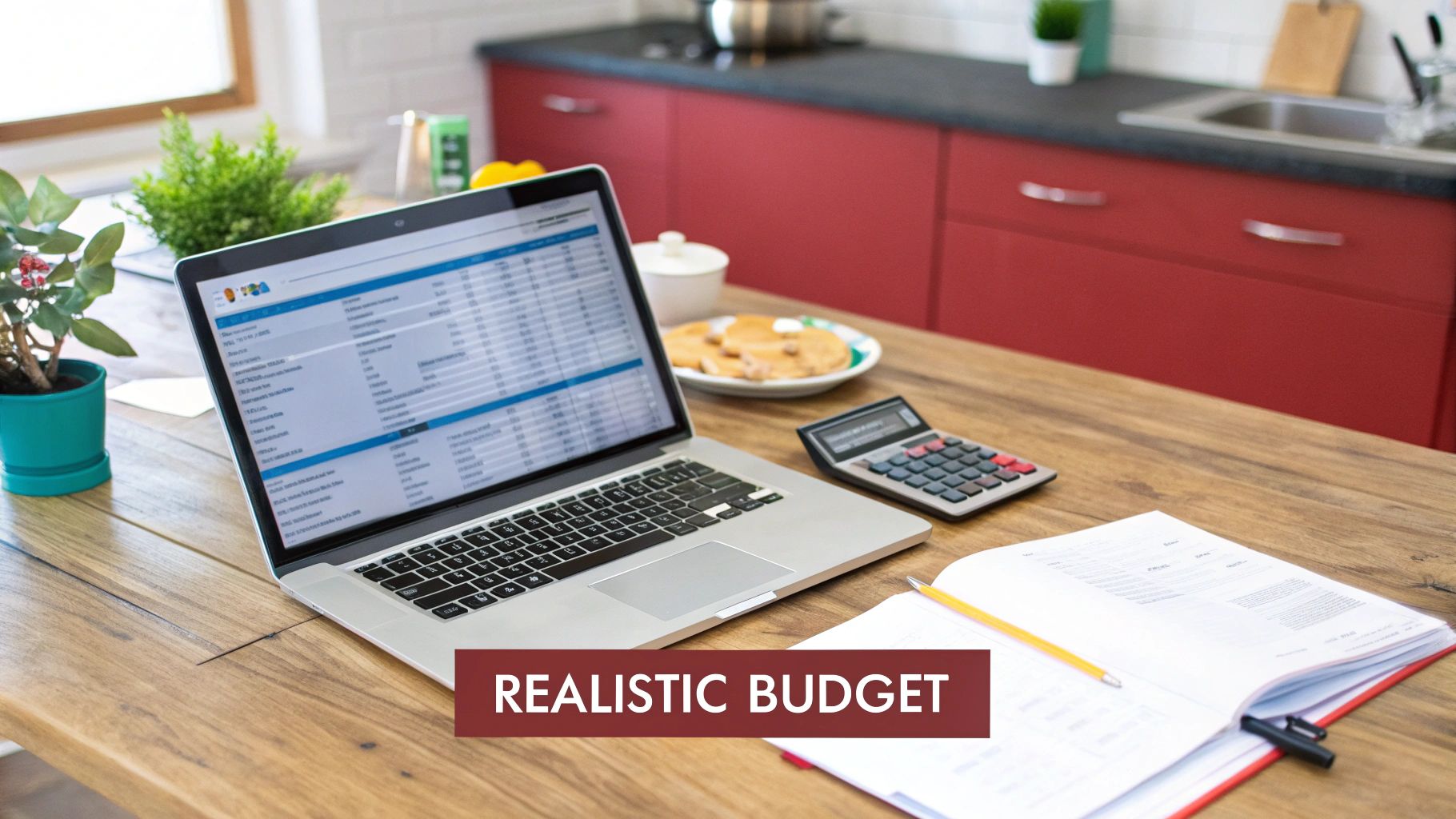 A laptop displaying a budget spreadsheet, calculator, and notebook on a wooden counter in a kitchen.