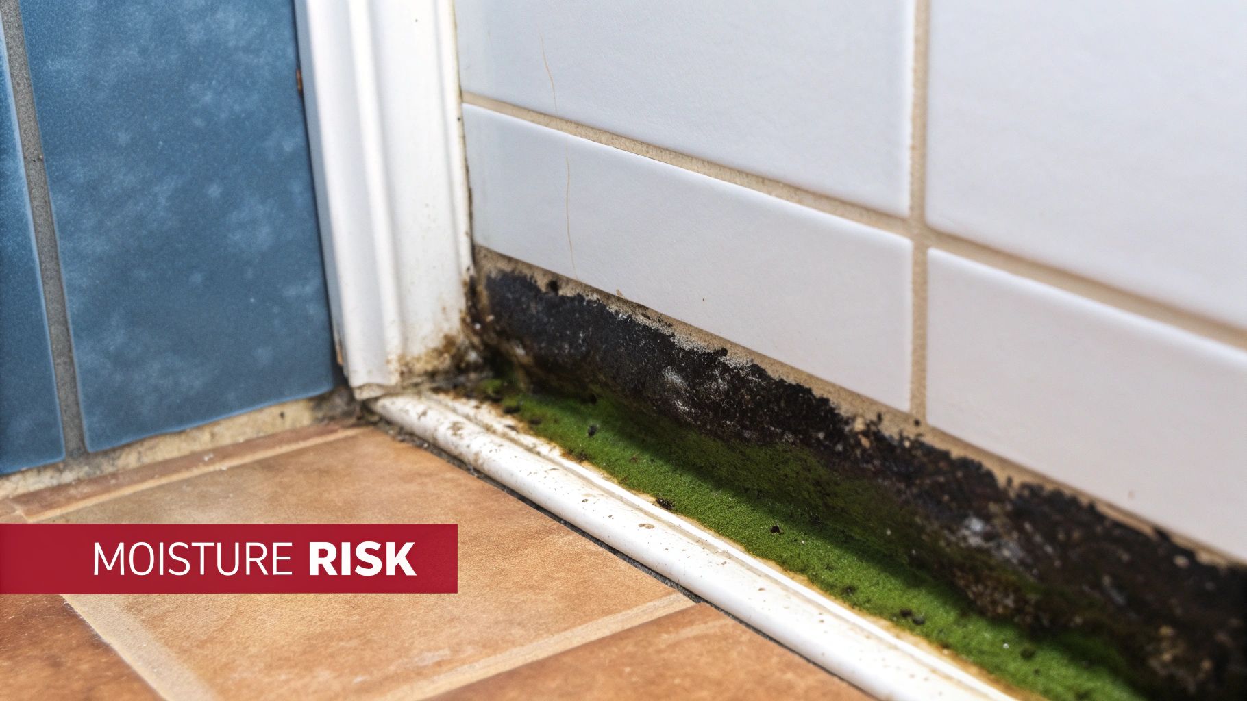 Severe black mold and green algae growth in a bathroom corner, indicating a significant moisture risk.