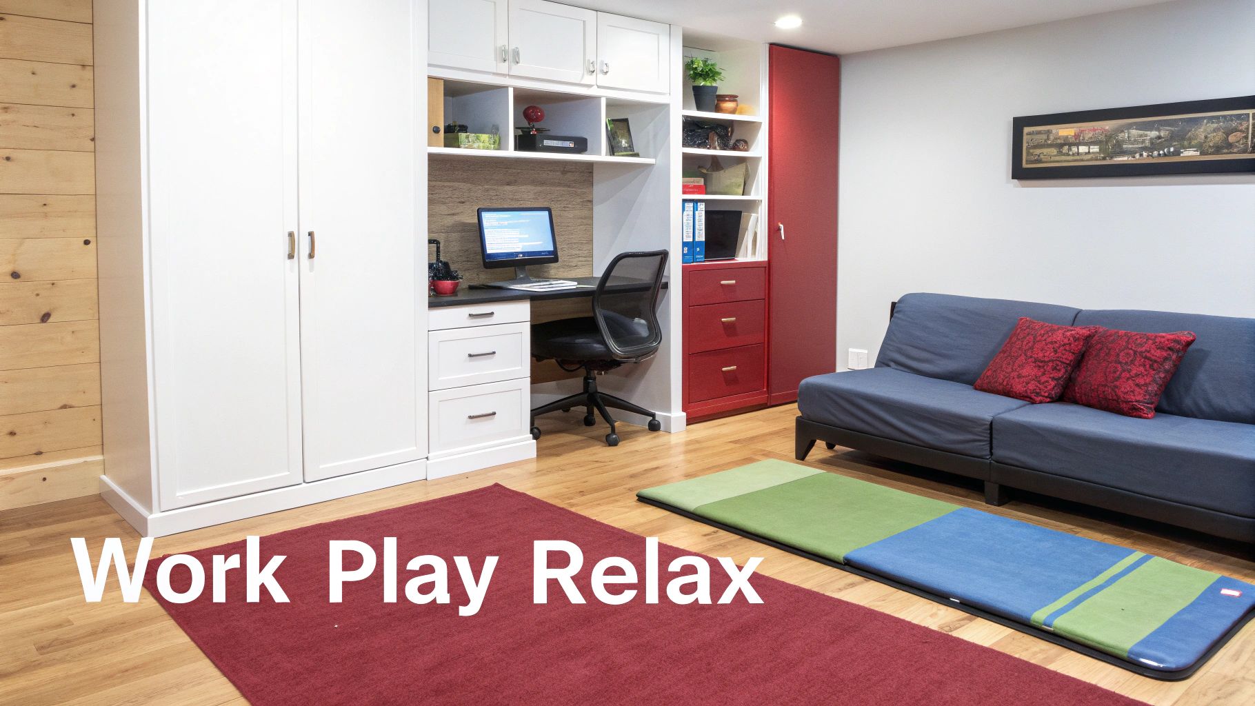 A multi-functional basement room with a built-in work desk, comfortable sofa, and activity mat.