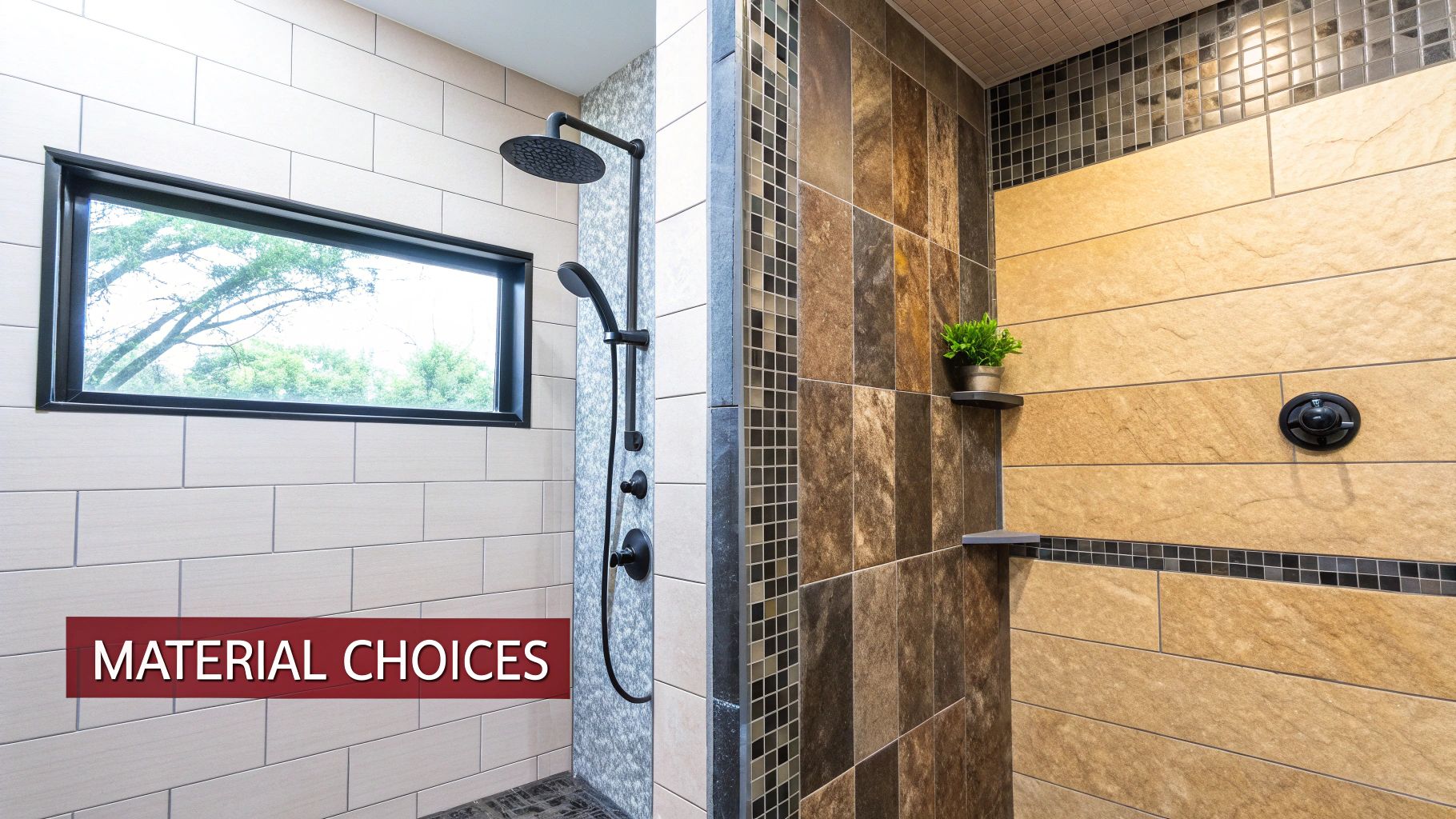 A modern walk-in shower with large grey tiles and a rainfall shower head.