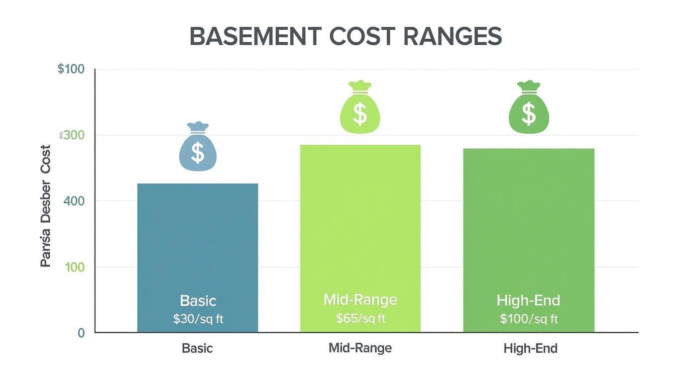 Bar chart showing basement finishing cost ranges for Basic, Mid-Range, and High-End options.