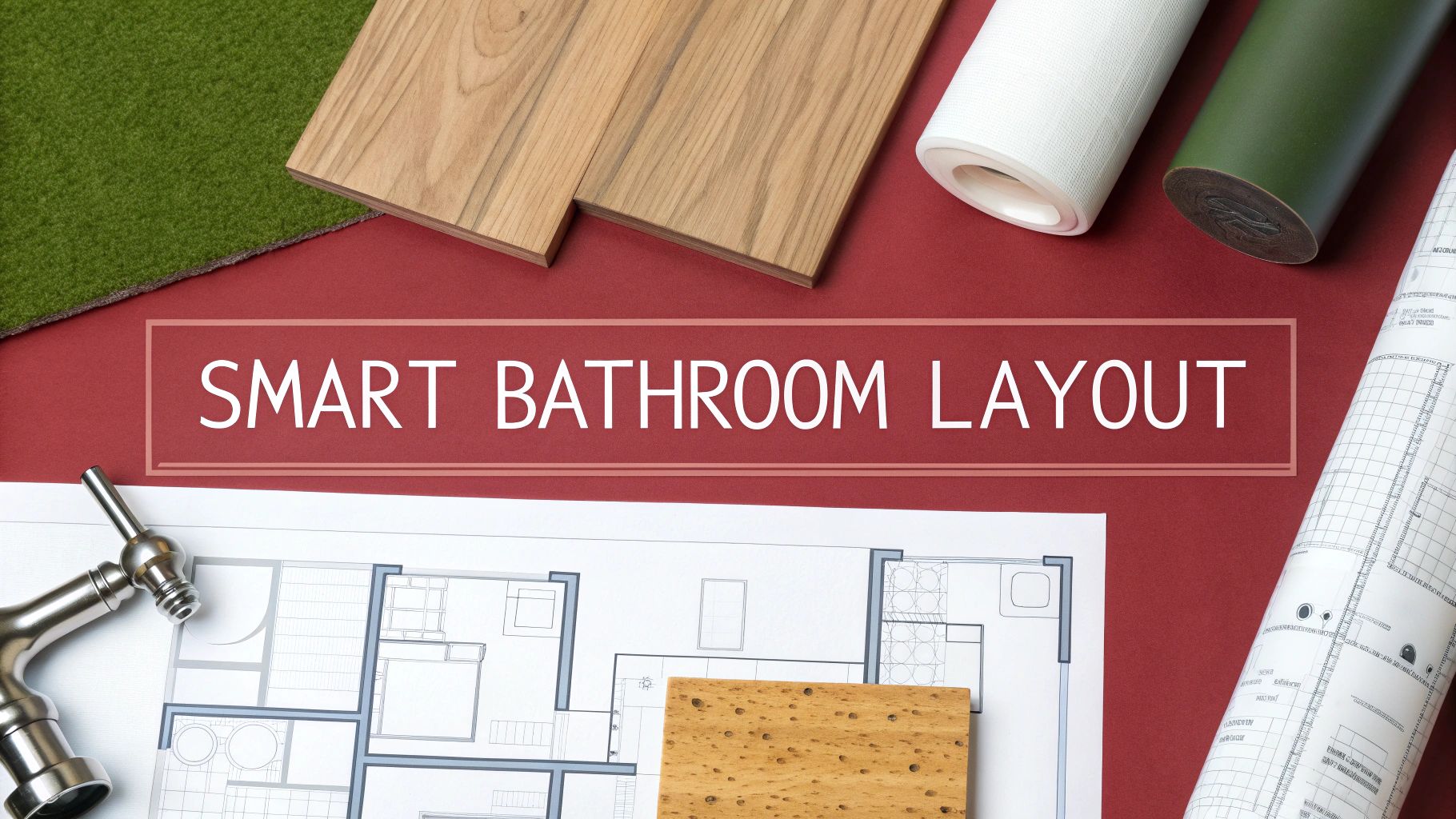 Flat lay showing a bathroom layout plan, material samples, a tap, and 'Smart Bathroom Layout' text.