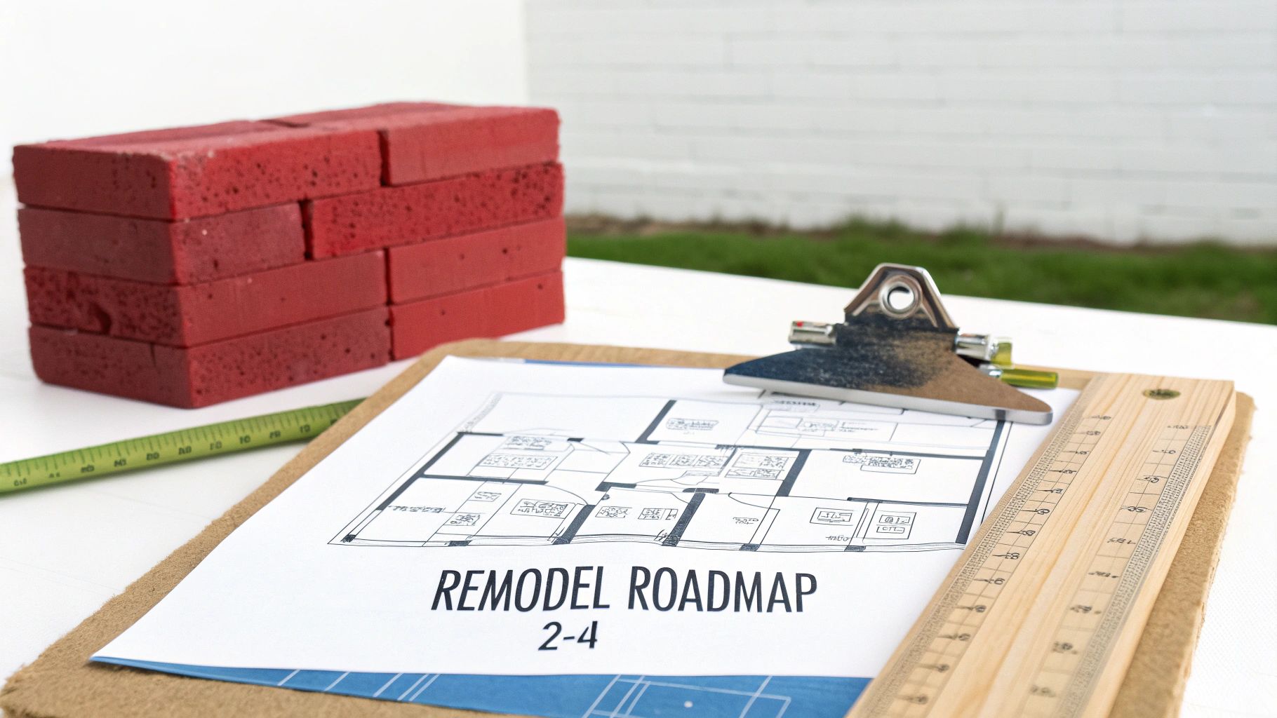 A blueprint titled 'REMODEL ROADMAP' on a clipboard, surrounded by red bricks, a ruler, and a measuring tape.