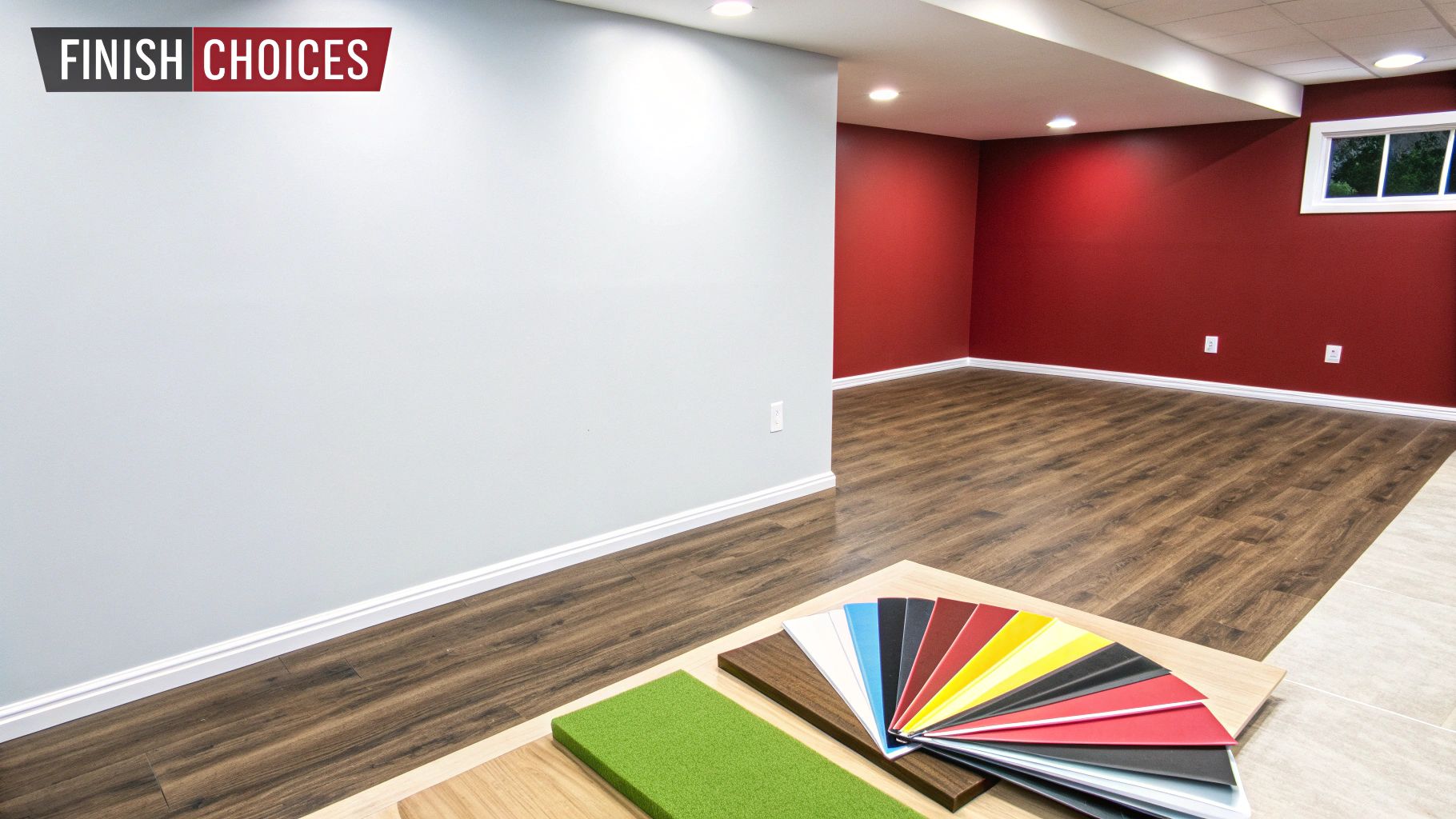 Finished basement with light blue and red walls, wood floor, and various material samples.