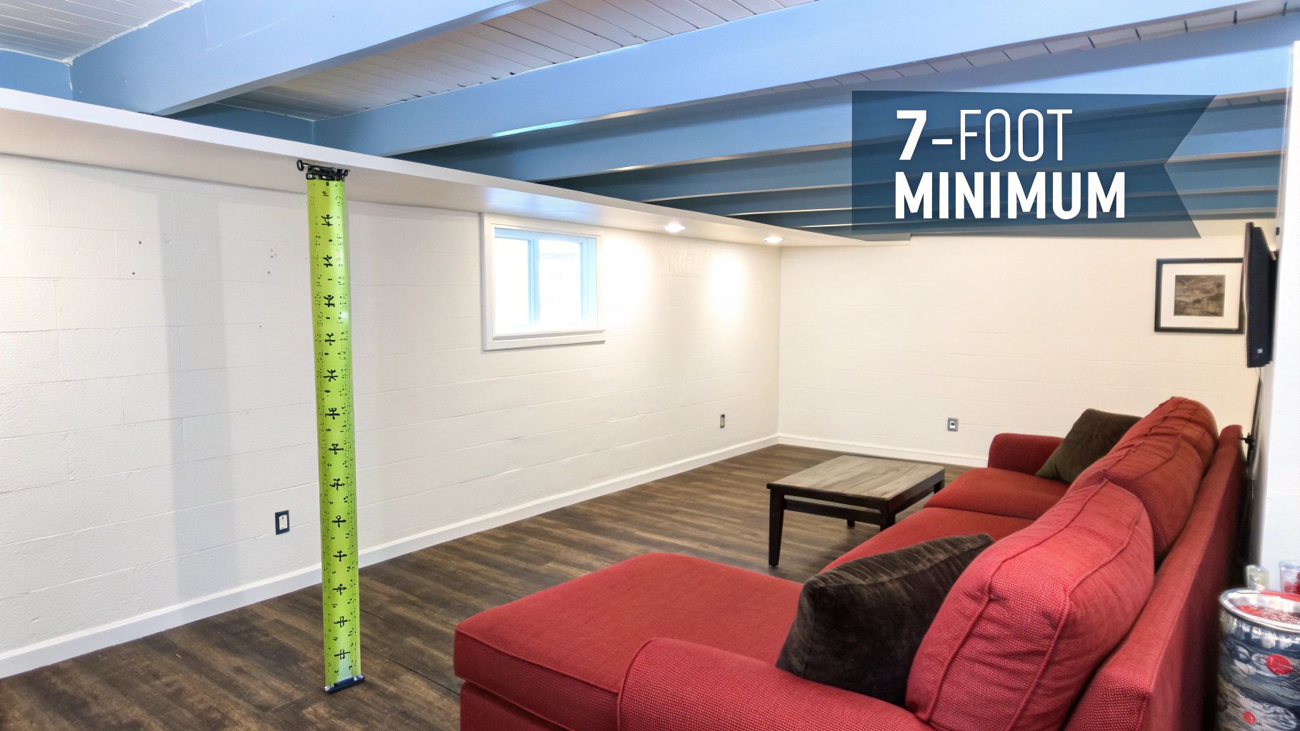Finished basement with adequate ceiling height, showing furniture and good lighting.