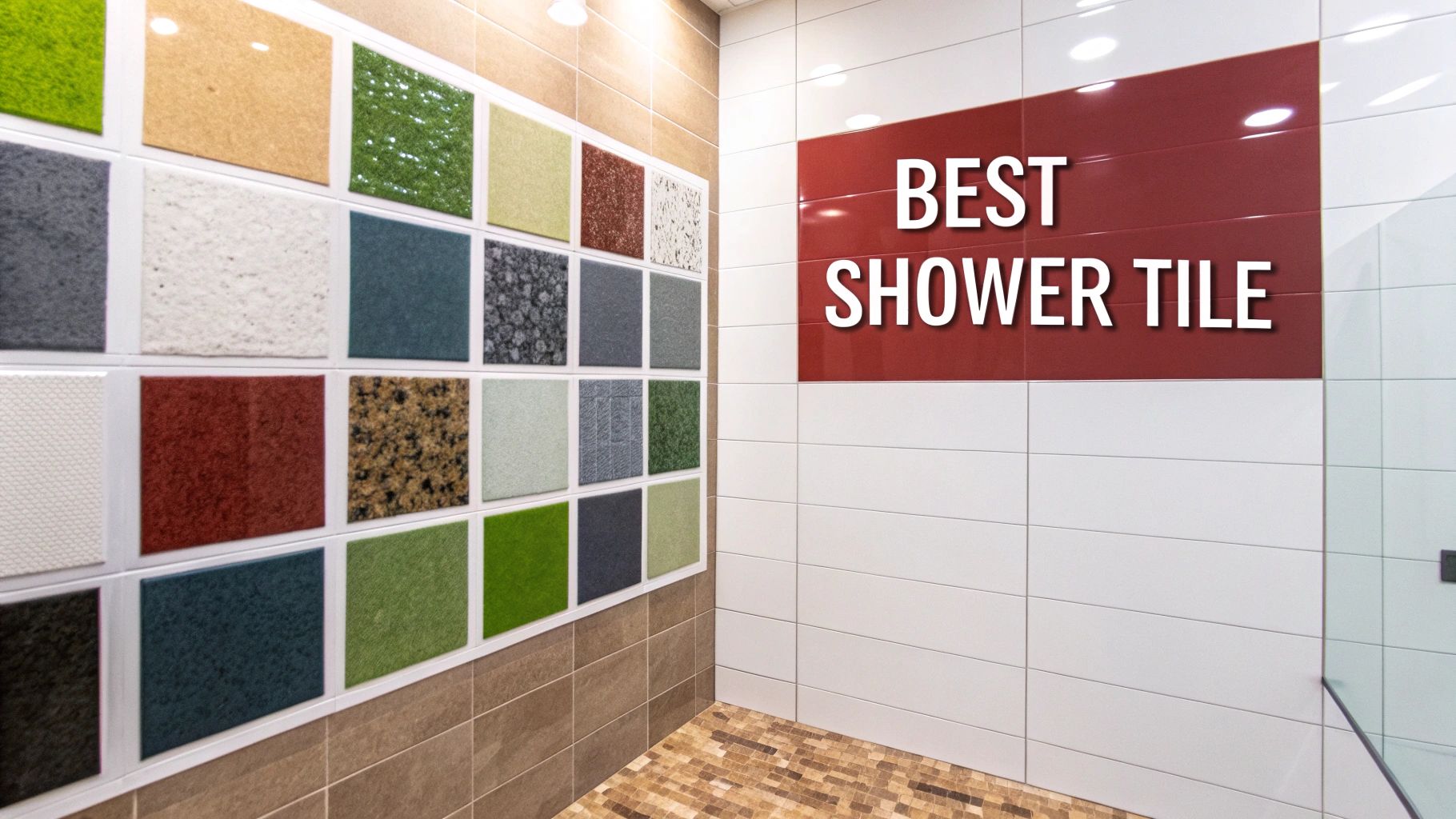 A tile showroom features diverse colorful tile samples on one wall and a shower wall with 'BEST SHOWER TILE' text.