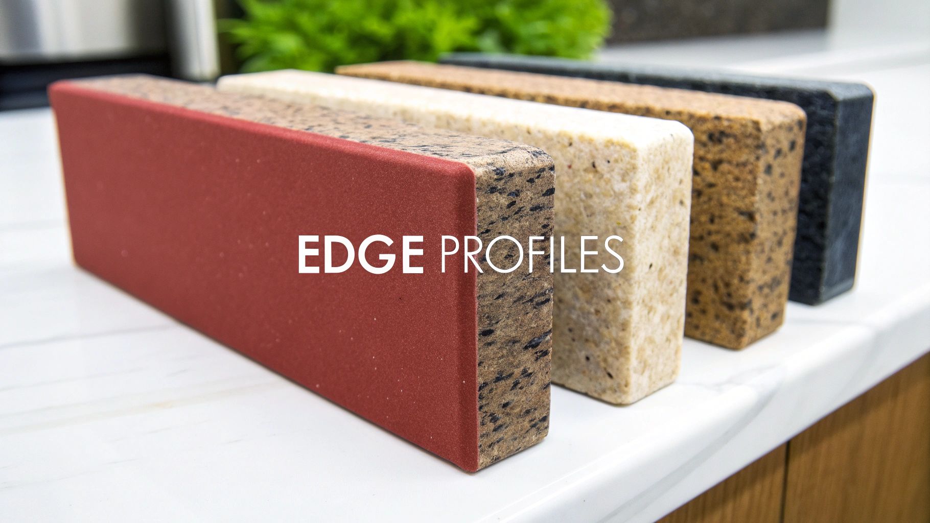 Samples of countertop edge profiles, including red, beige, brown, and black, displayed on a kitchen counter.