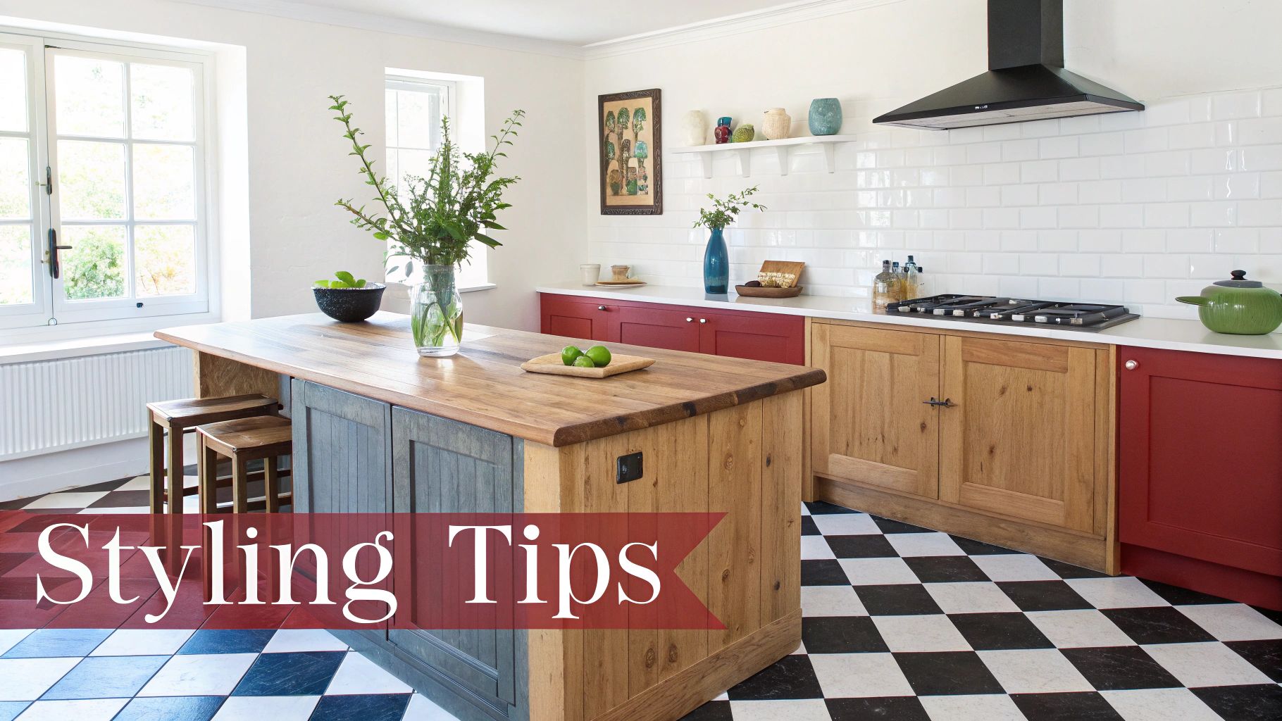A bright, modern farmhouse kitchen with a large wooden island, colorful cabinets, and checkerboard floor.