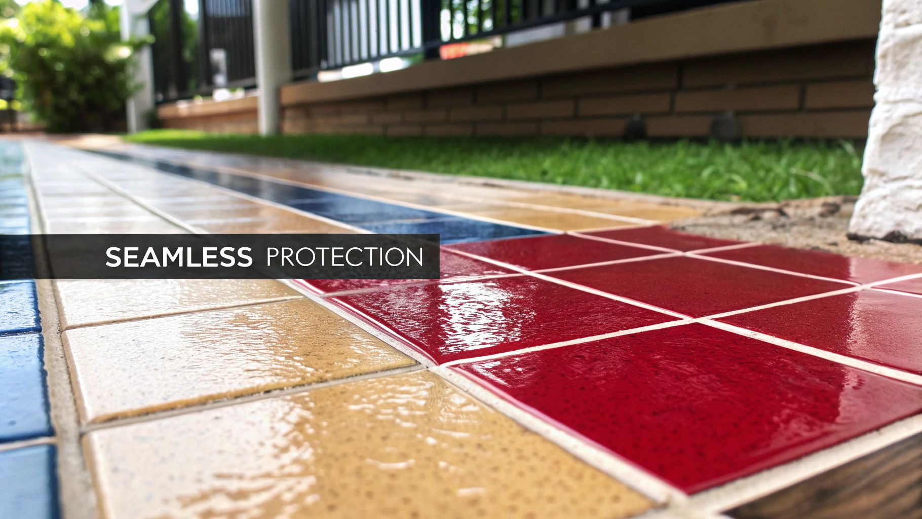 Pathway with red, blue, and beige tiles featuring a glossy, water-resistant epoxy grout finish.
