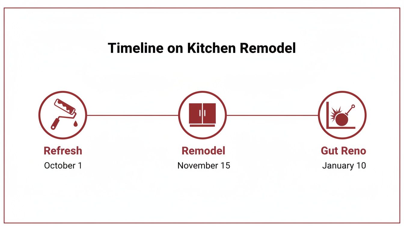 A visual timeline detailing three kitchen remodel stages: Refresh, Remodel, and Gut Reno, with corresponding dates.