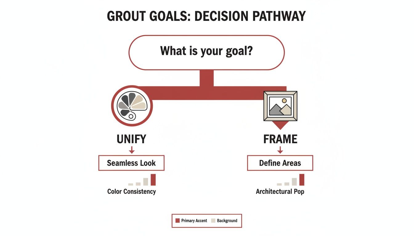 Decision pathway for grout goals: Unify for seamless look or Frame to define areas.
