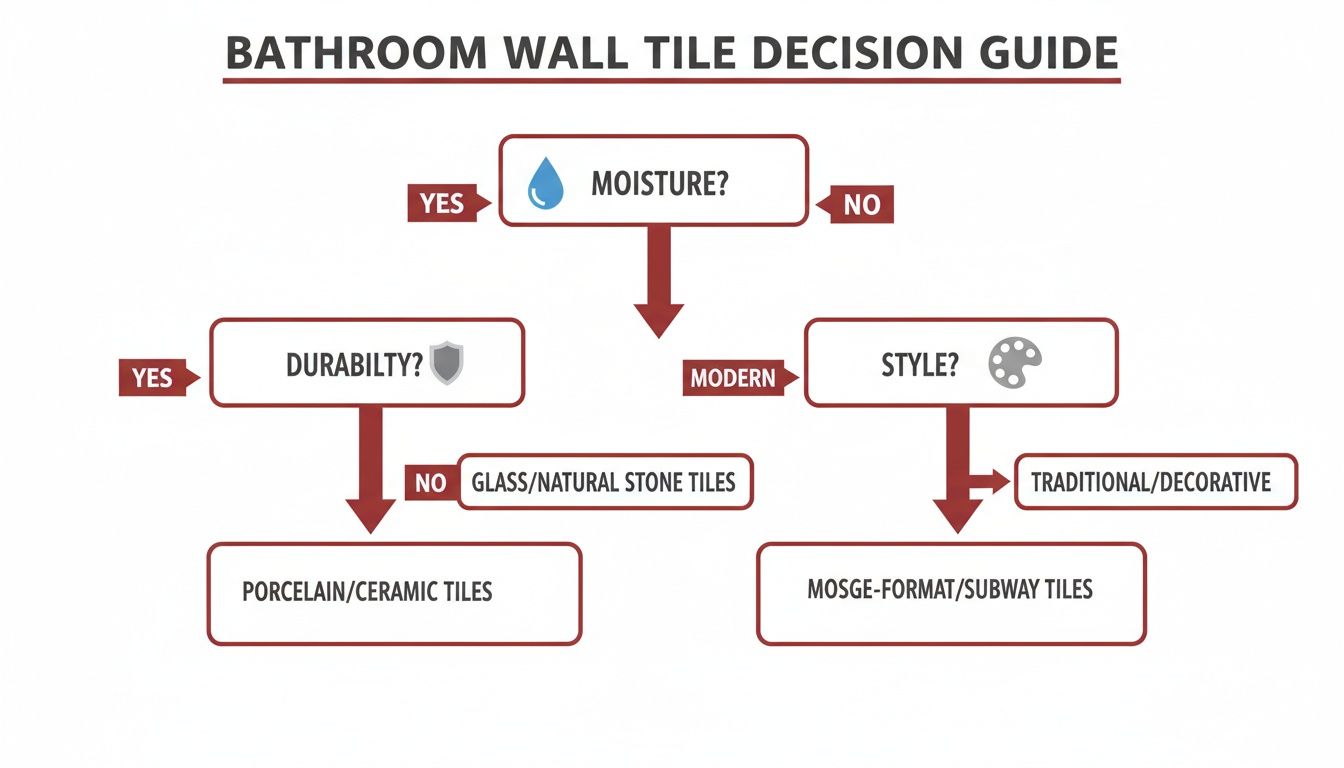Flowchart guiding bathroom wall tile selection based on moisture, durability, and style.