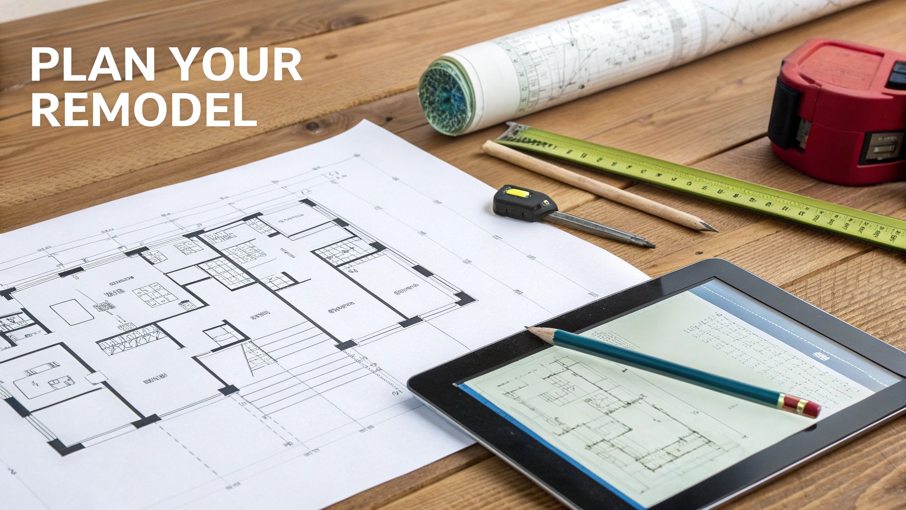 Architectural plans, a tablet showing blueprints, and measuring tools laid out on a wooden desk.