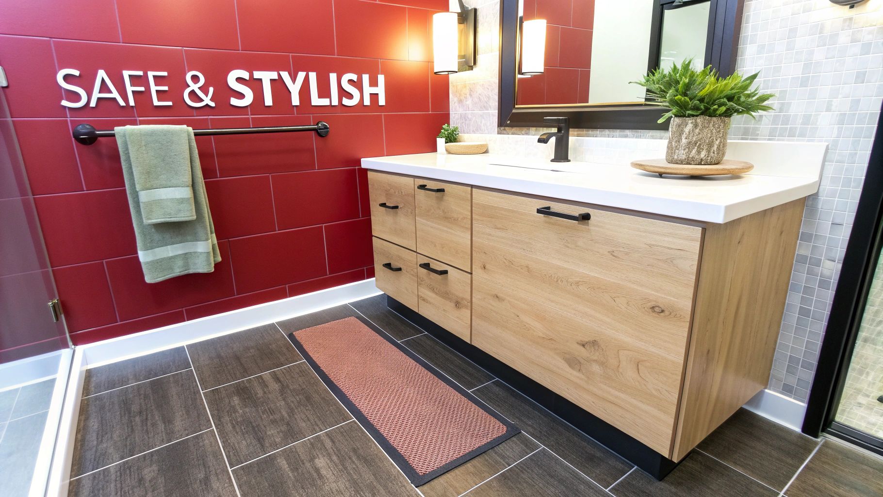 A modern, safe, and stylish bathroom featuring a light wood vanity, red tiled wall, and dark floor.