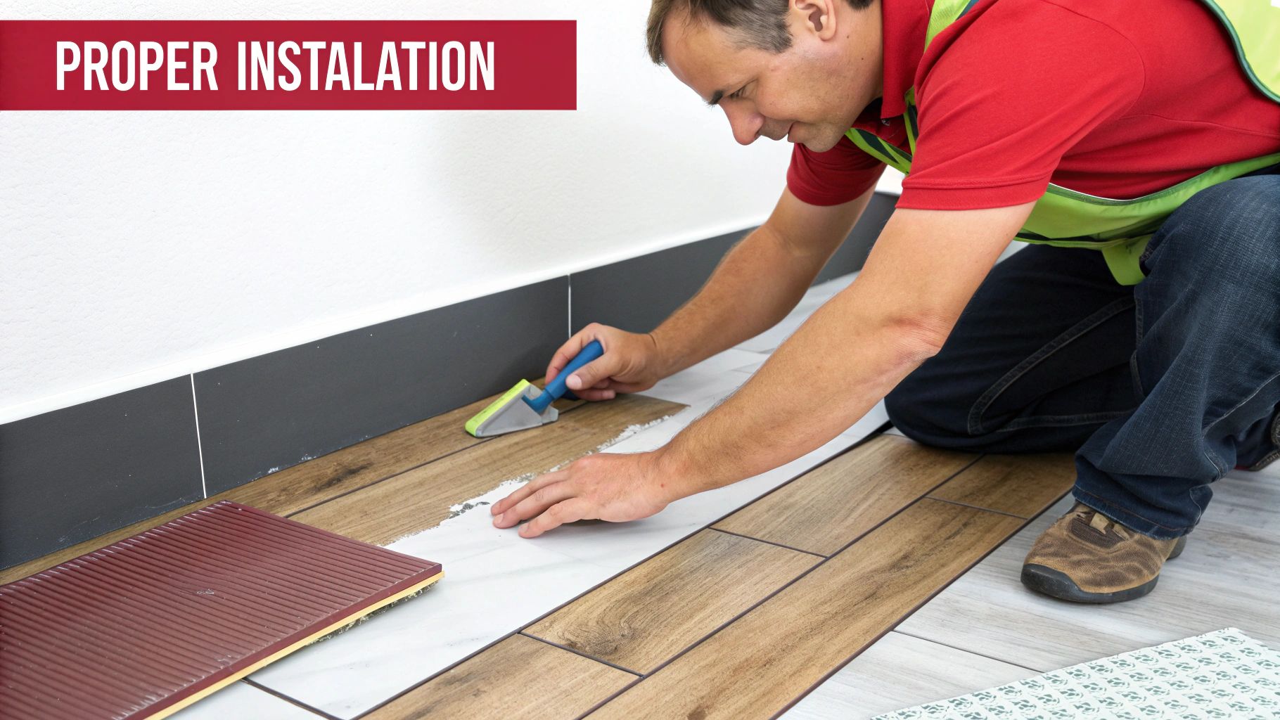 Close-up of a professional installing waterproof flooring in a bathroom.