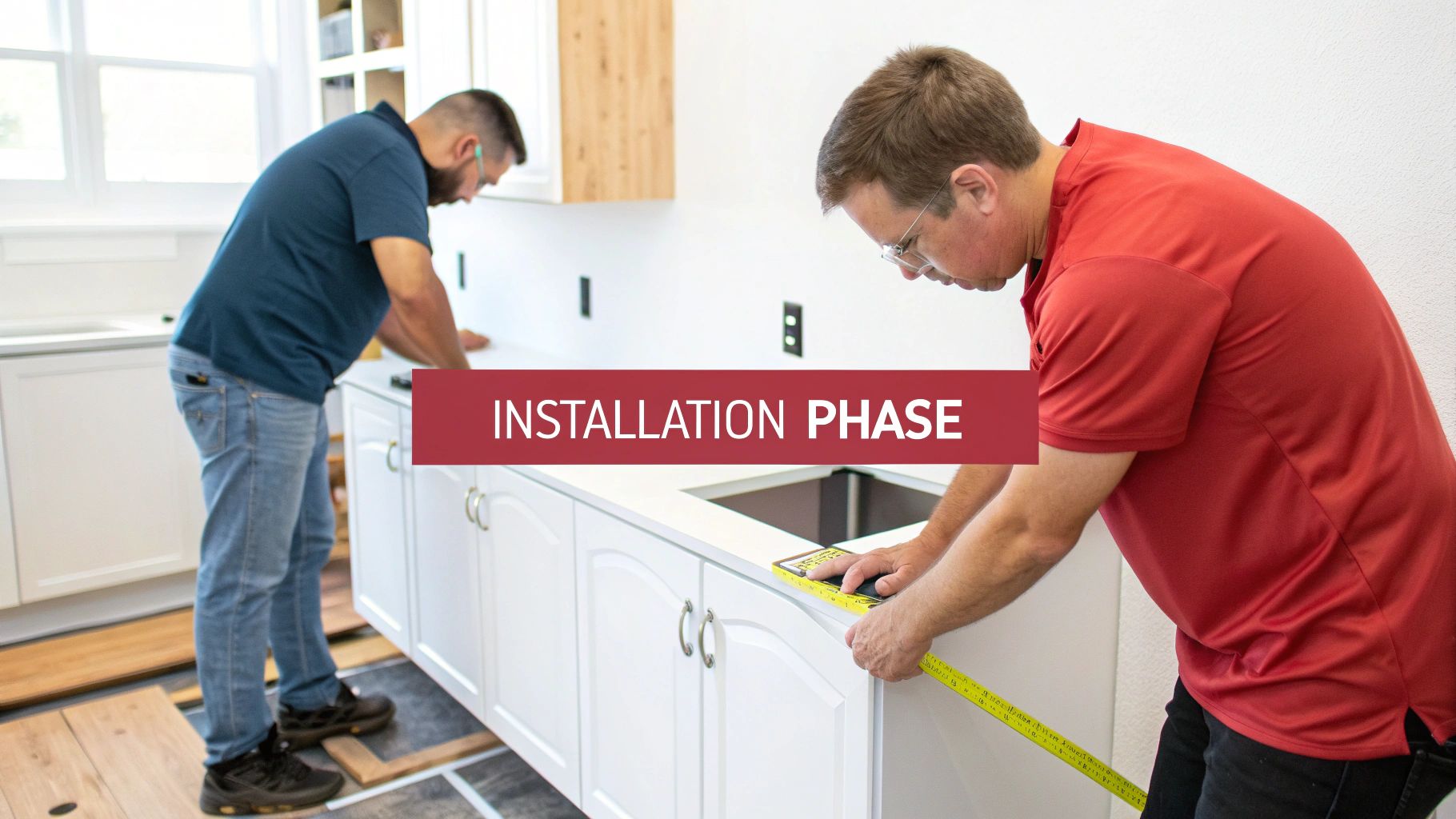 Two men are actively installing white kitchen cabinets and countertops during a remodeling project.