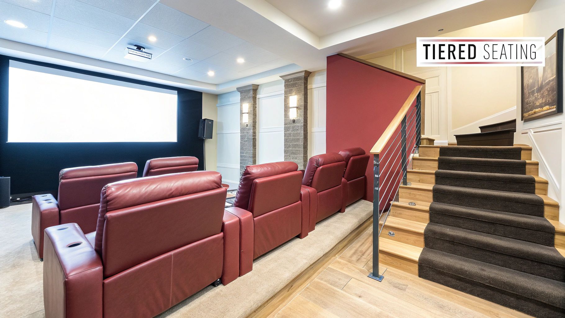A basement home theater features tiered red leather recliners facing a large projection screen.