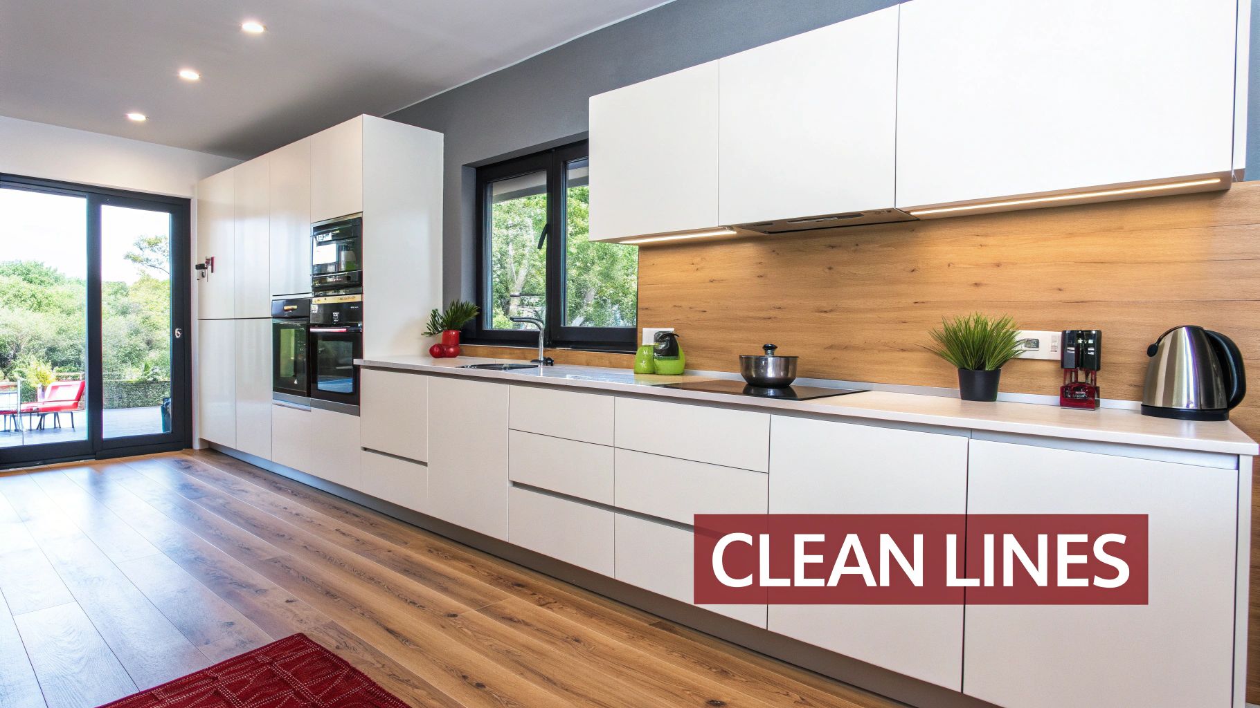 A bright, modern kitchen with white flat-panel cabinets, wood backsplash, built-in ovens, and a large glass door.