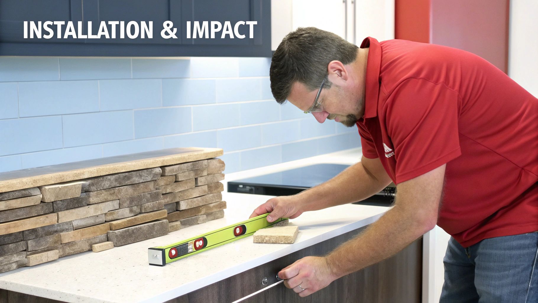 A man in a red shirt uses a spirit level to check a kitchen countertop with stone samples.