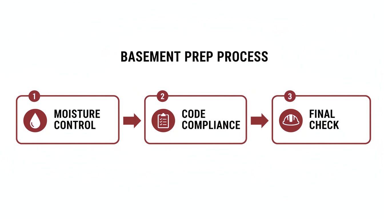 A flow chart titled 'Basement Prep Process' showing three steps: Moisture Control, Code Compliance, and Final Check, with corresponding icons.