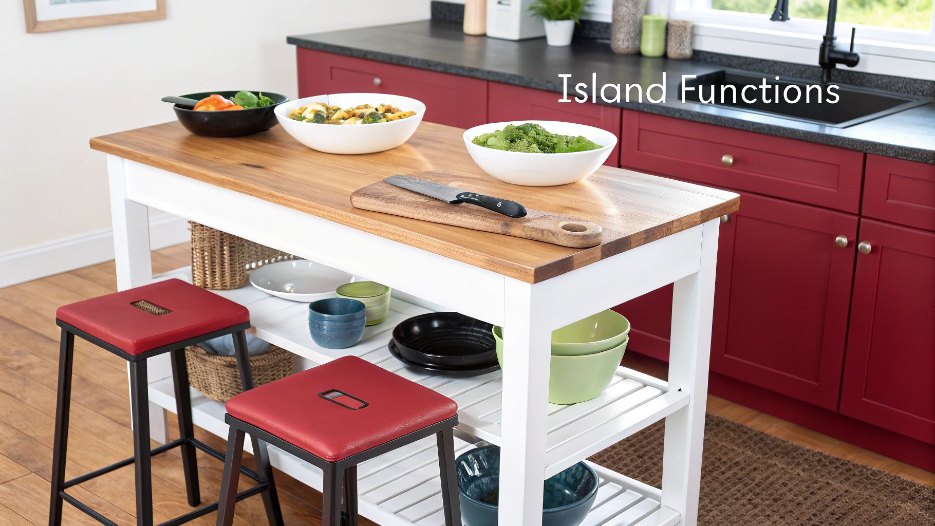 A kitchen island with a wooden top, bowls of food, a knife, and red stools in a modern kitchen.