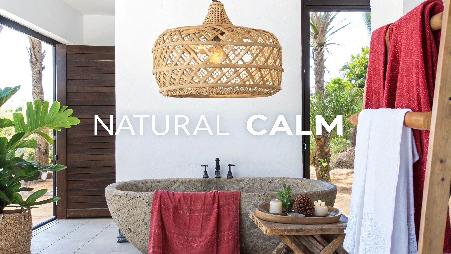 A serene natural bathroom featuring a stone bathtub, large wicker chandelier, and lush green plants.