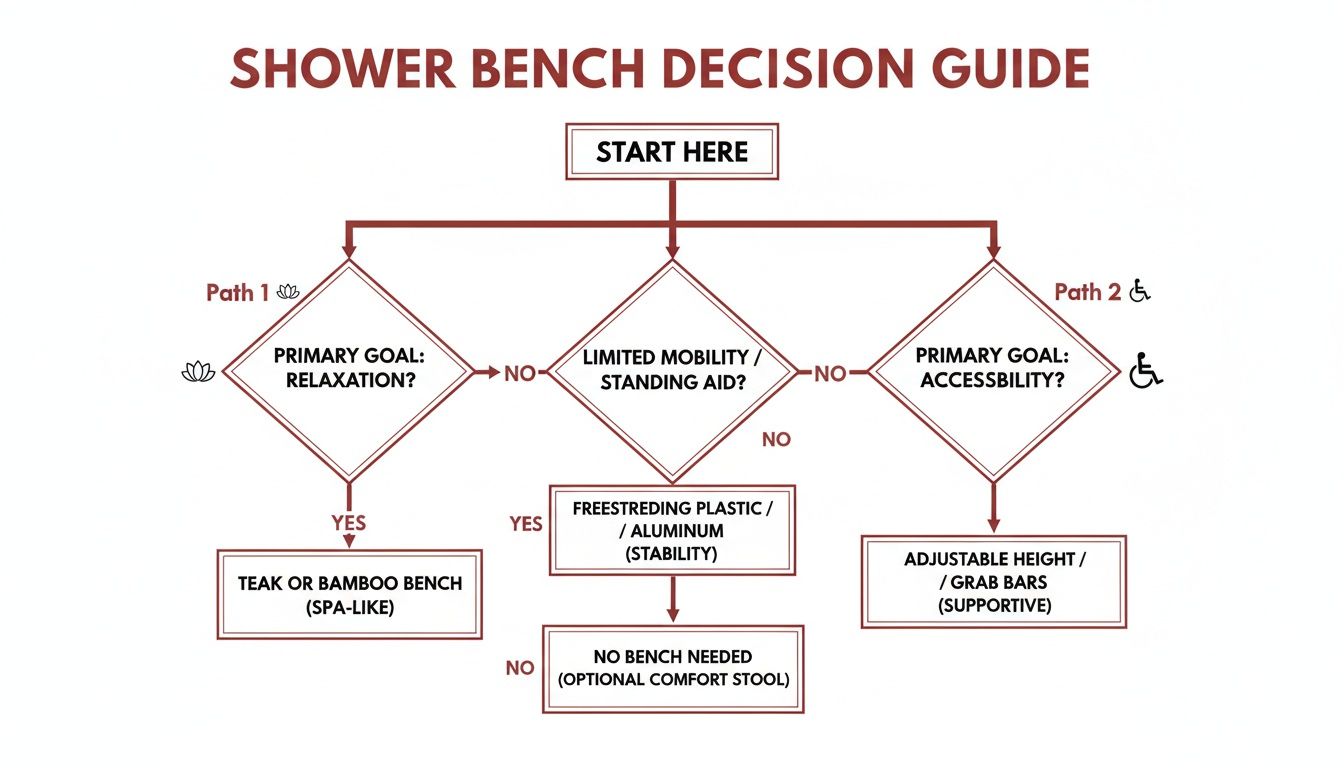 Flowchart guiding the selection of a shower bench based on primary goals like relaxation, mobility, or accessibility.