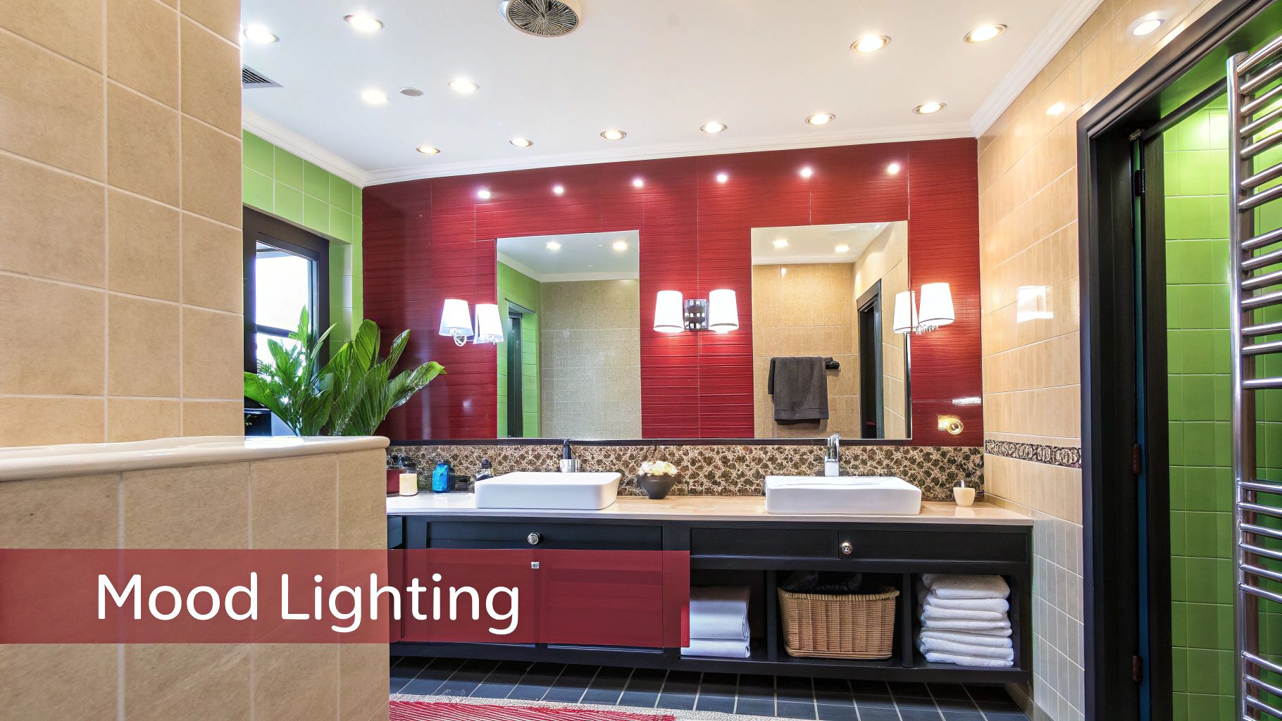 A vibrant modern bathroom with a double vanity, large mirrors, red and green tiled walls, and bright lighting.