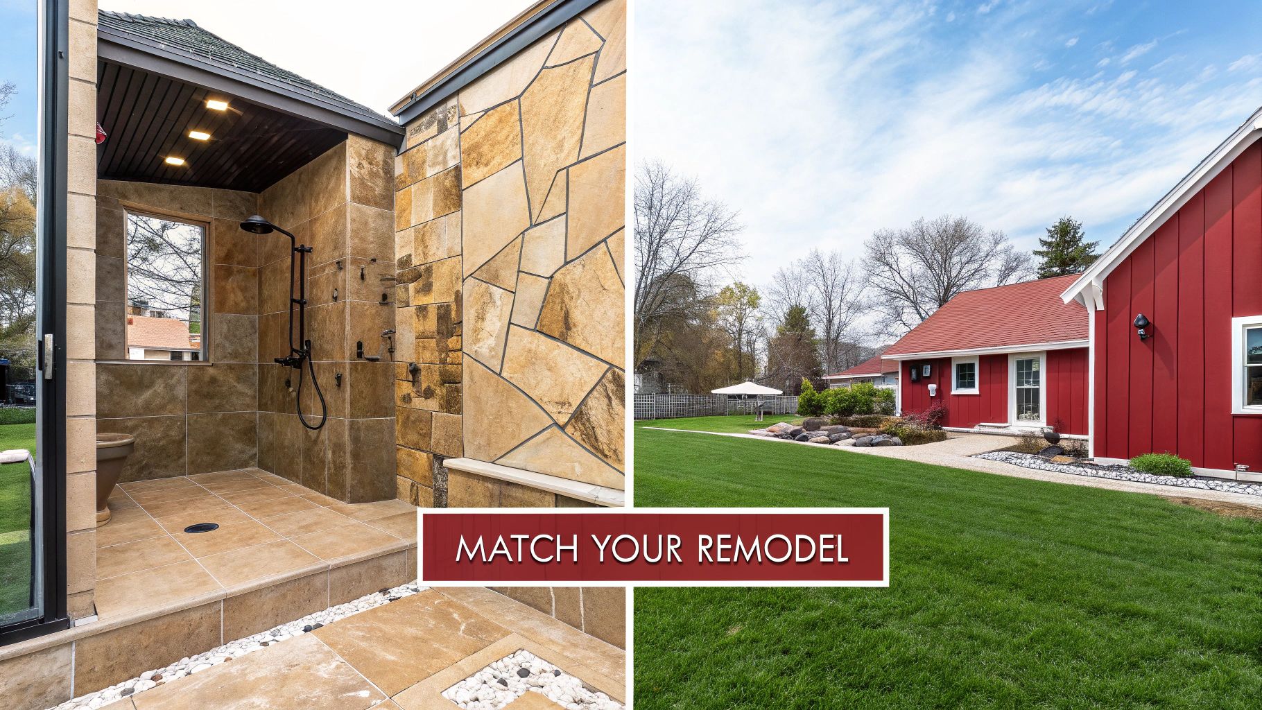 An outdoor shower with brown tile walls and black fixtures, next to a red house with a green lawn.