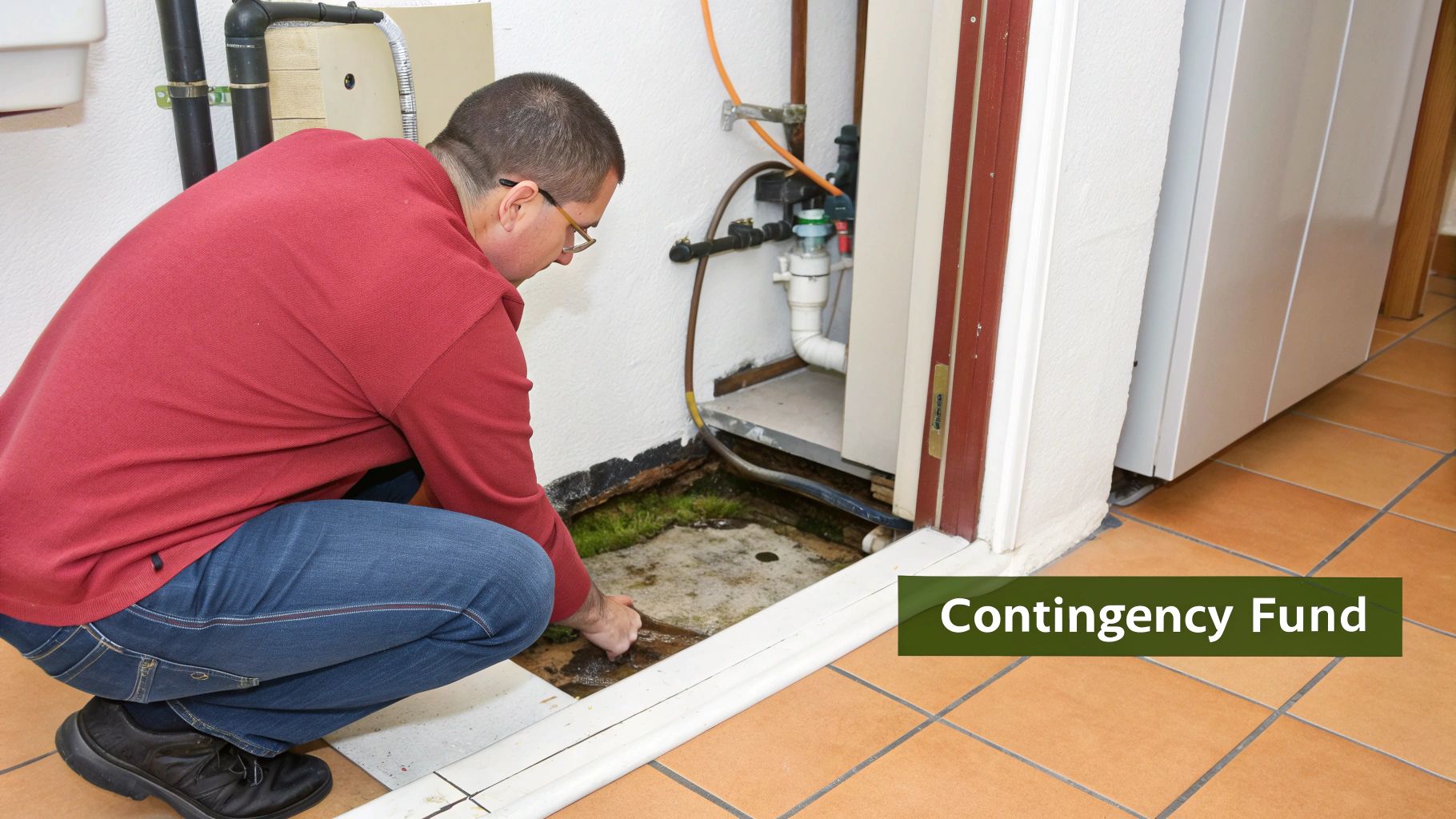 A man kneels, examining water damage and moss on a tiled floor near a home appliance.