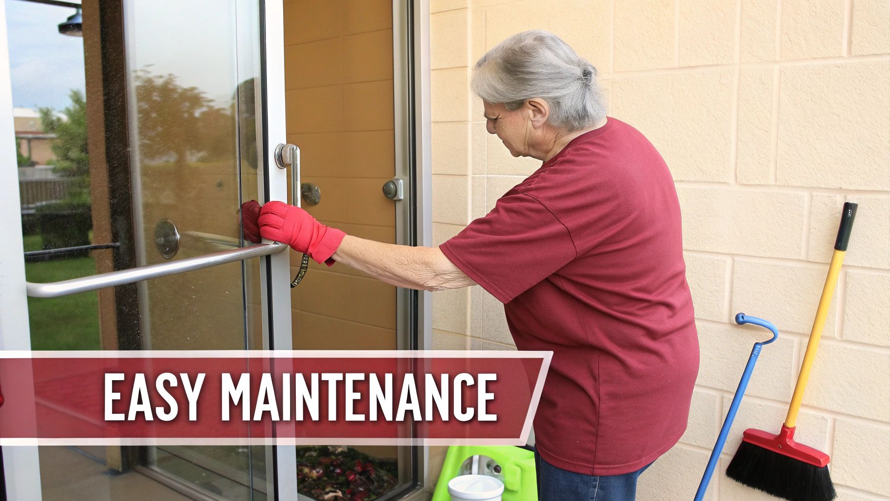 An elderly woman in red gloves cleans a glass door, with cleaning tools nearby, representing easy maintenance.