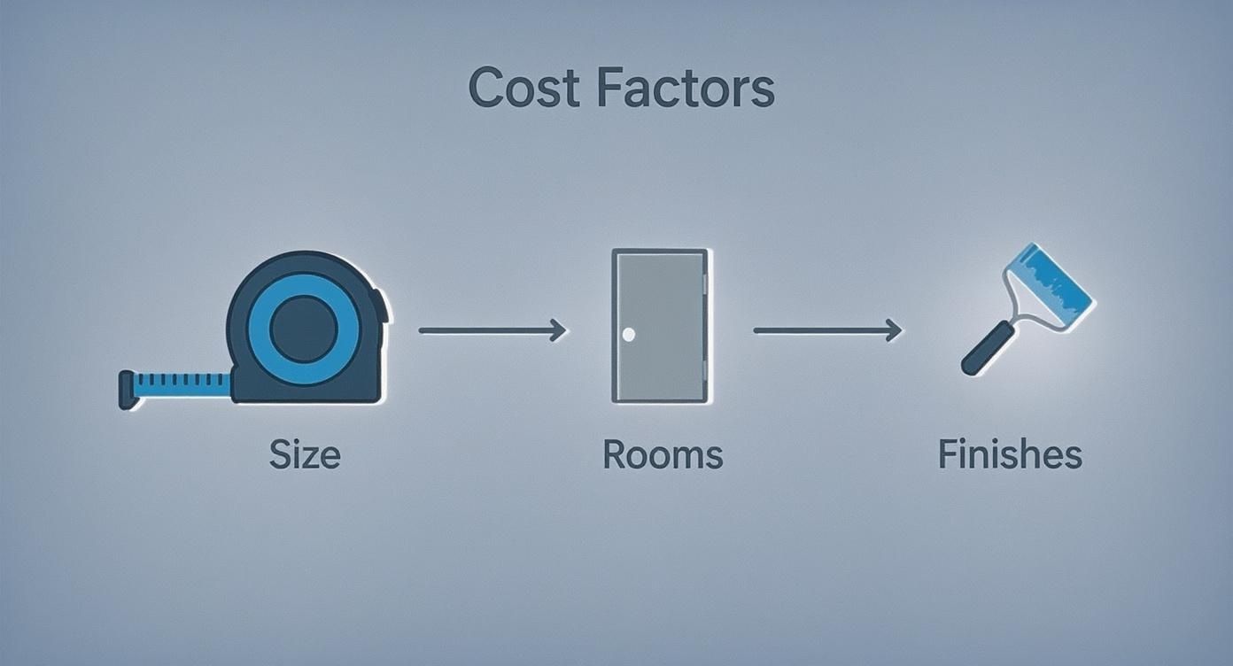 Infographic showing the main cost factors for a basement remodel: size, number of rooms, and quality of finishes.