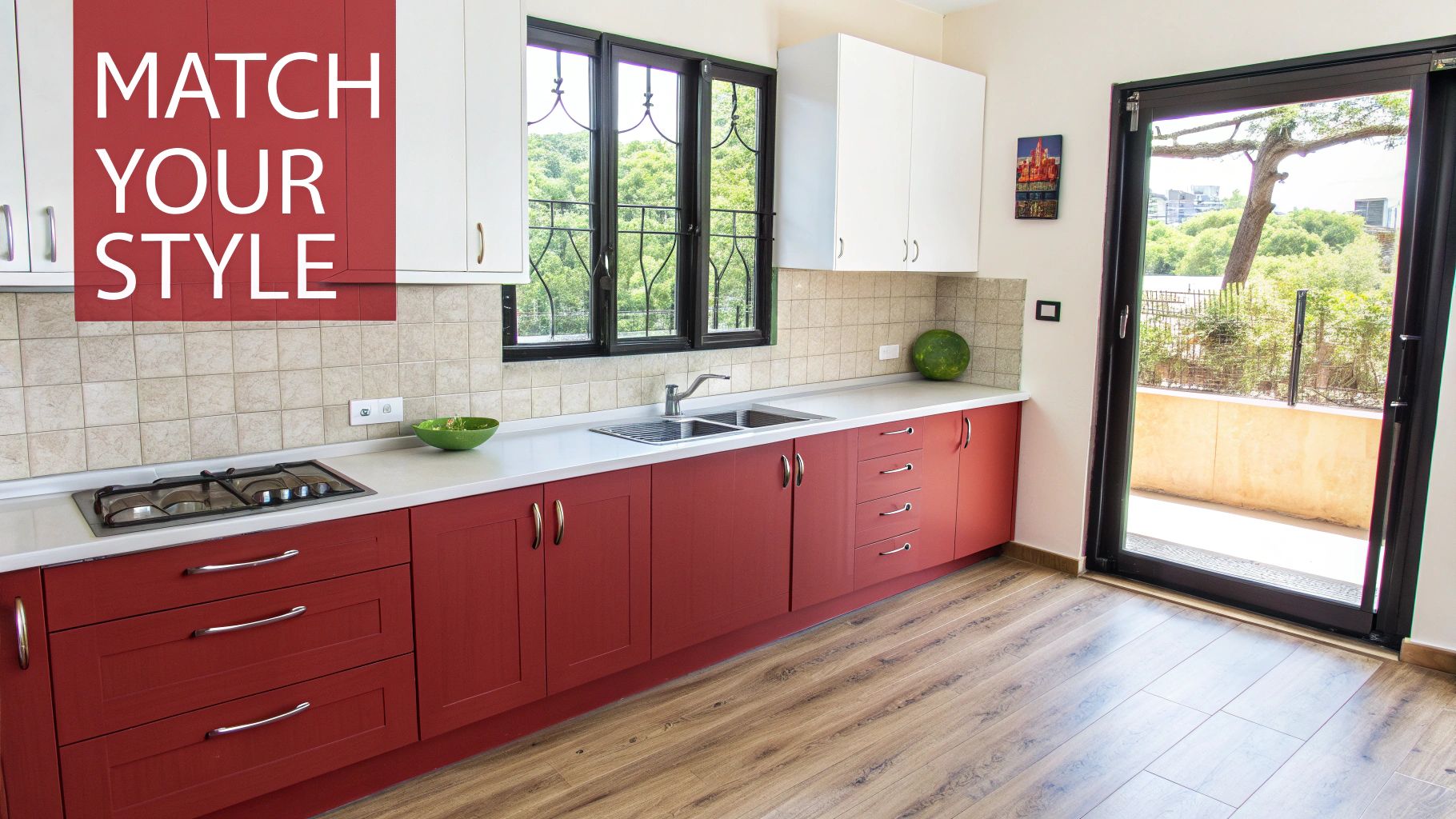 A contemporary kitchen featuring red base cabinets, white wall cabinets, and a light-colored countertop with appliances.
