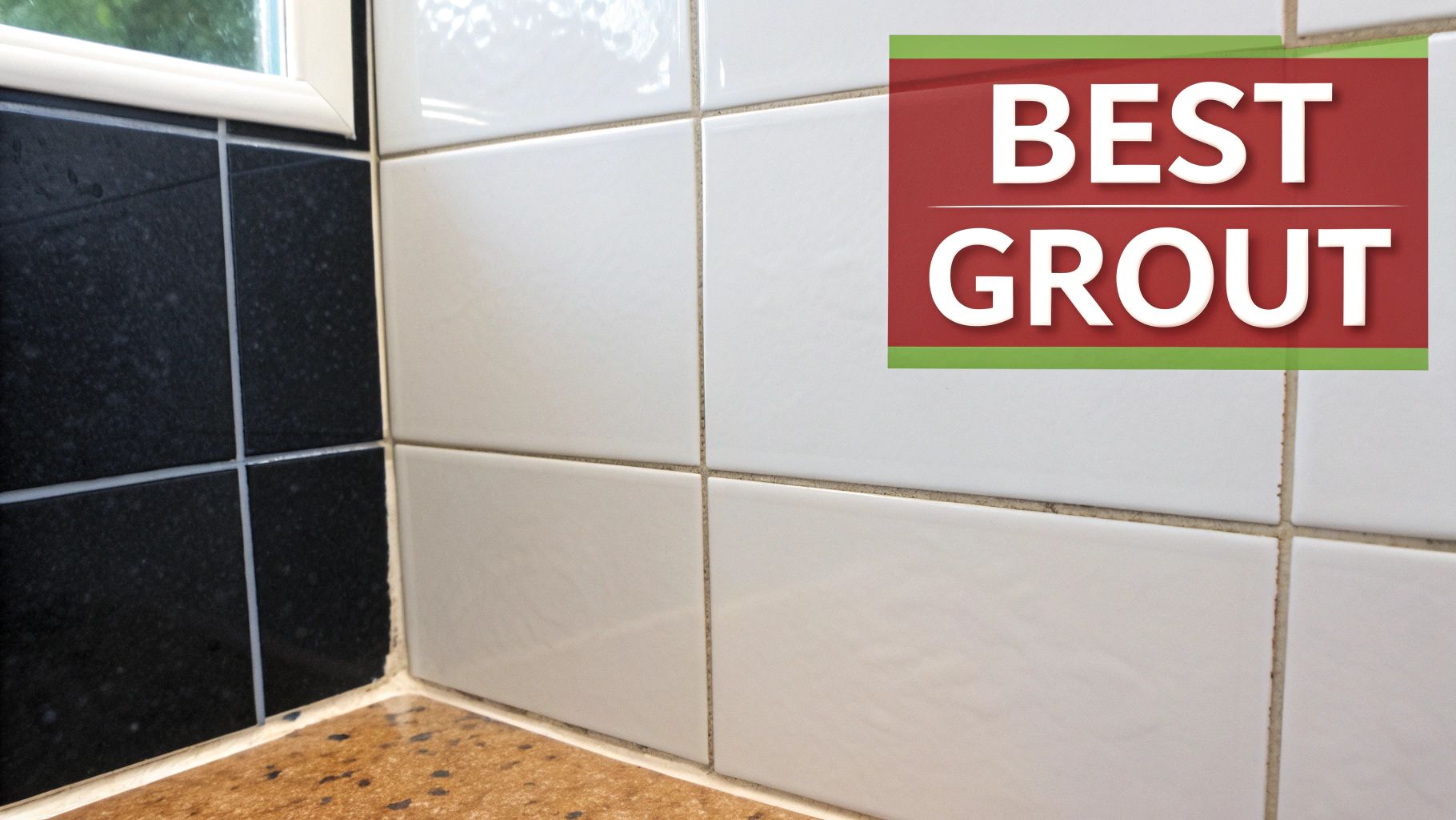 A close-up of bathroom tiles, black and white, with visible grout lines and a 'BEST GROUT' graphic.