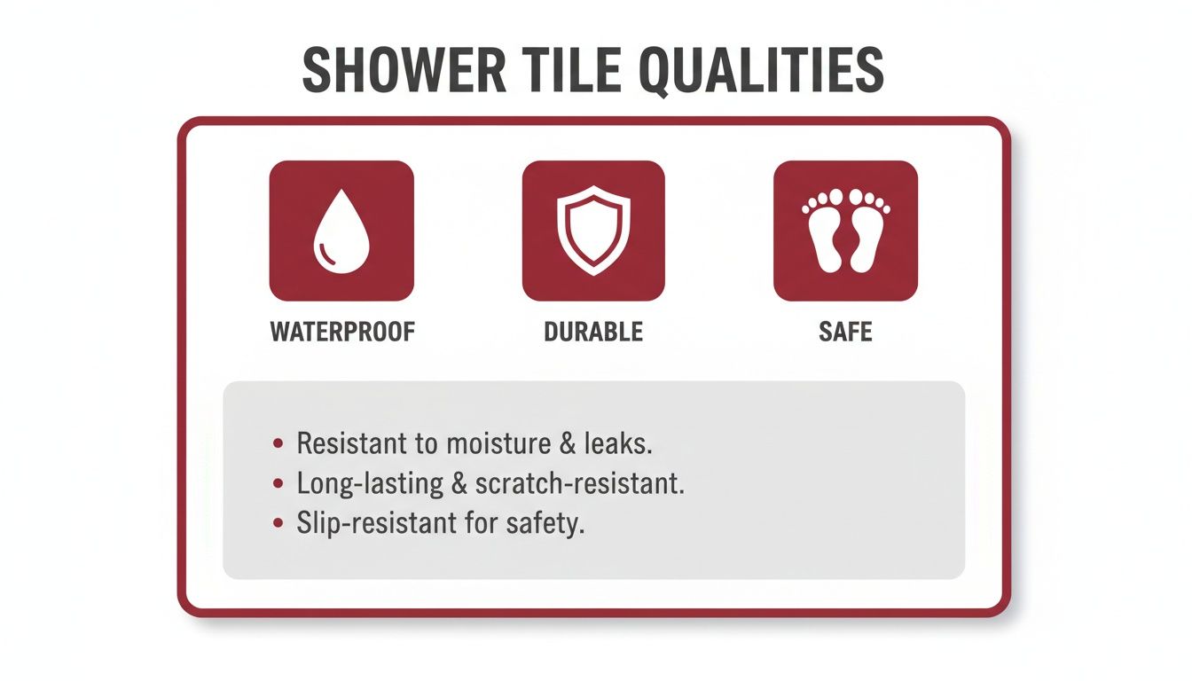 An infographic detailing shower tile qualities: waterproof, durable, and safe with specific benefits.