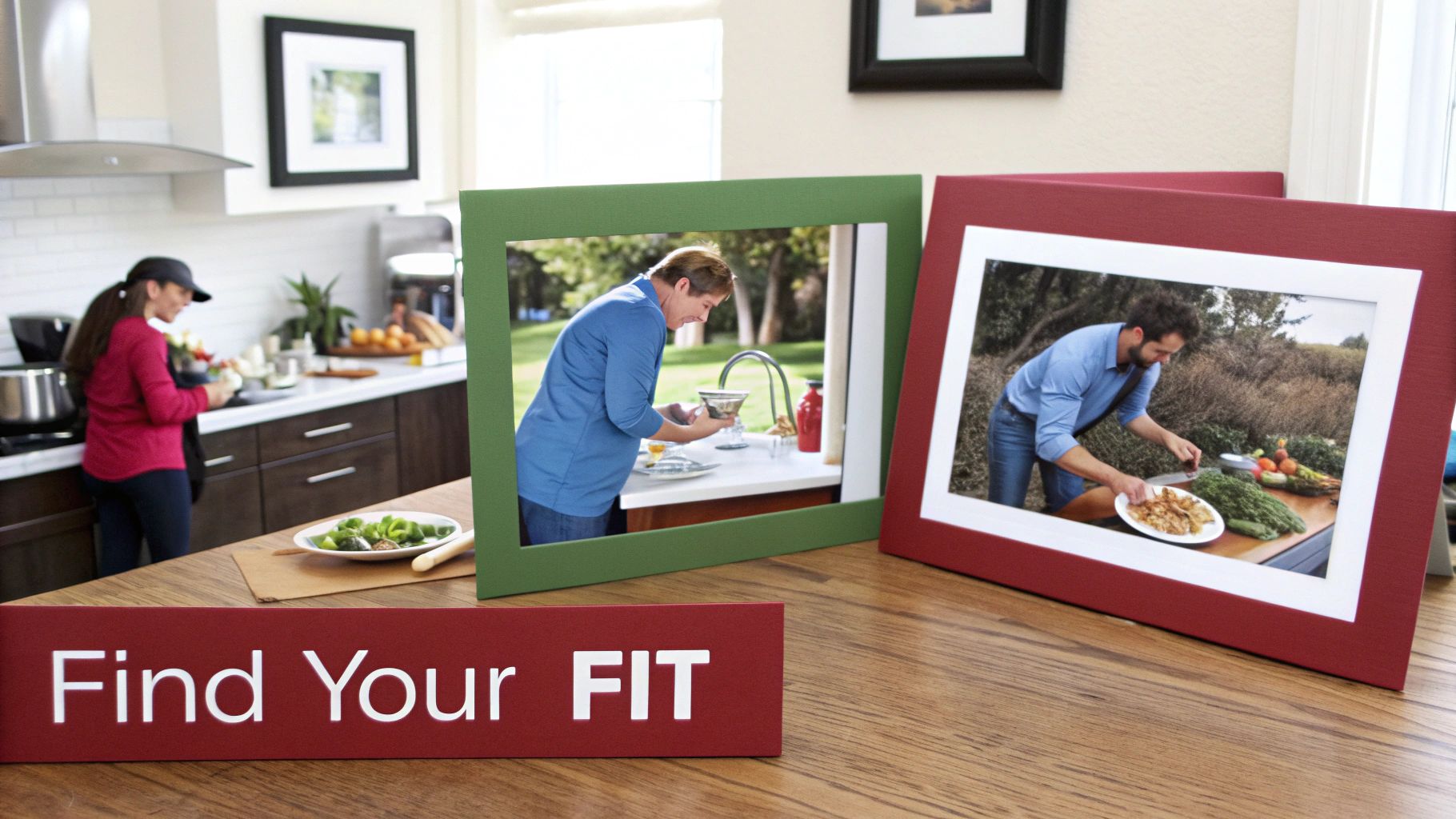 A woman cooks in a kitchen while two framed photos show men preparing healthy food, with a 'Find Your FIT' sign.