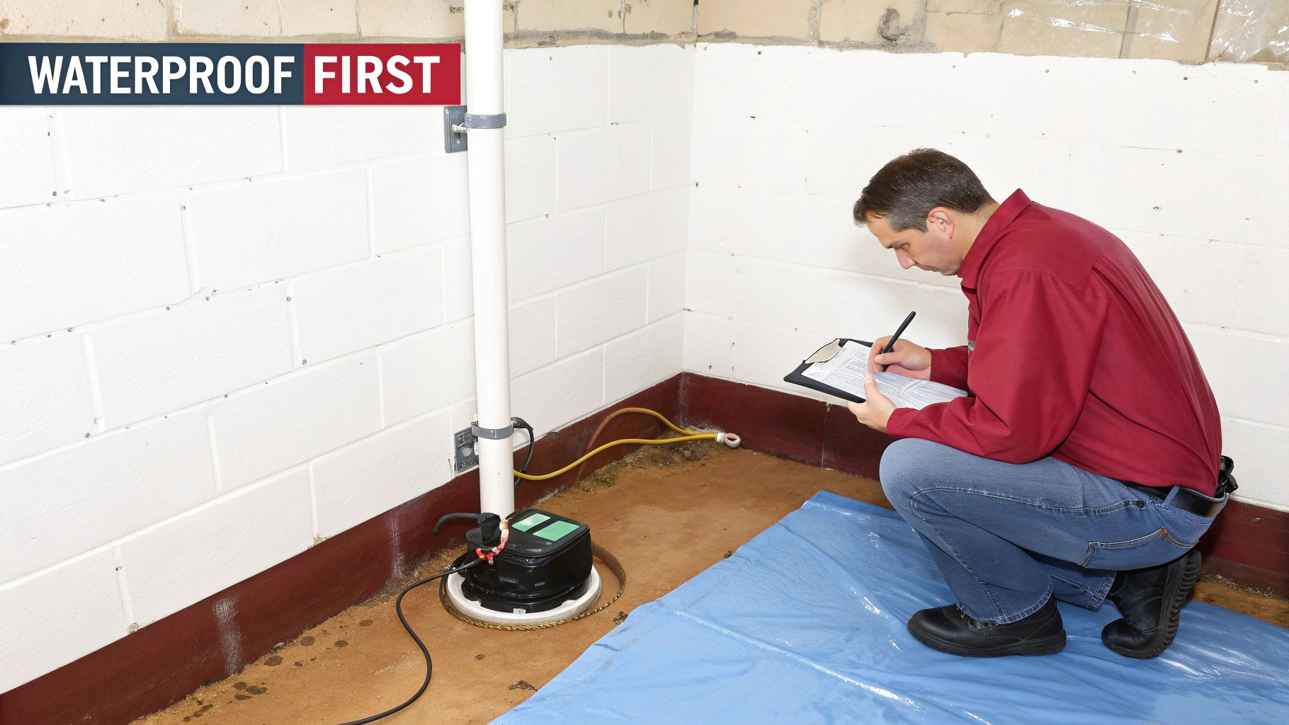 Man in a red shirt inspecting a basement with a sump pump and white block walls.
