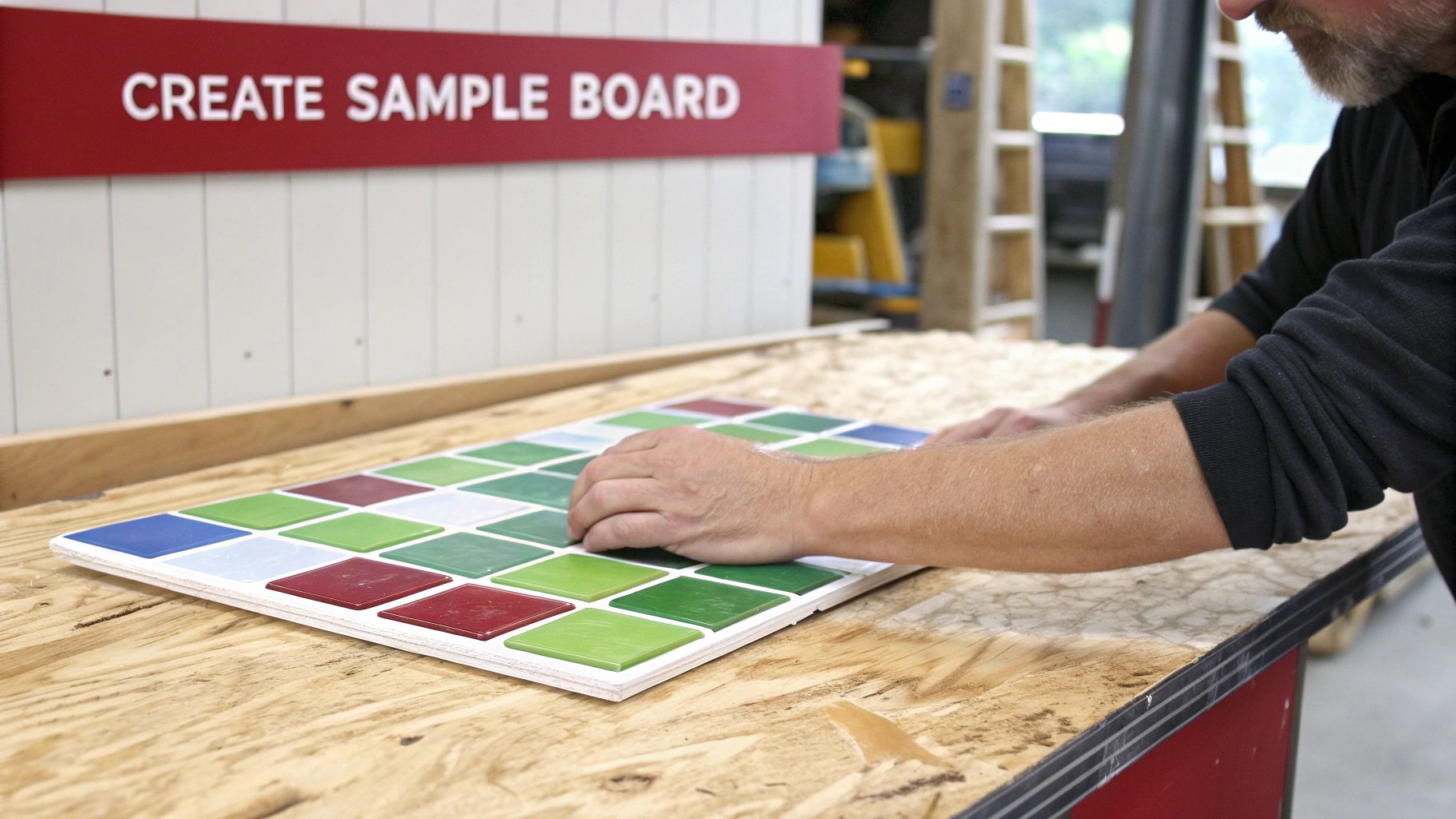 A person arranges colorful square tiles on a white board, creating a design or sample.