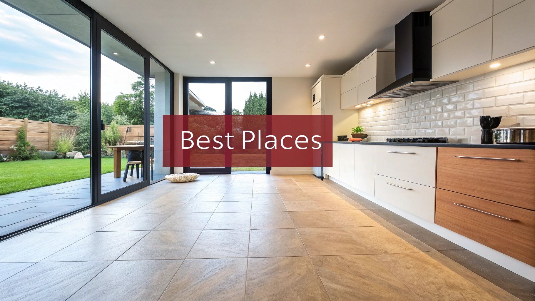 Modern open-plan kitchen and living area with large glass doors overlooking a lush backyard garden.