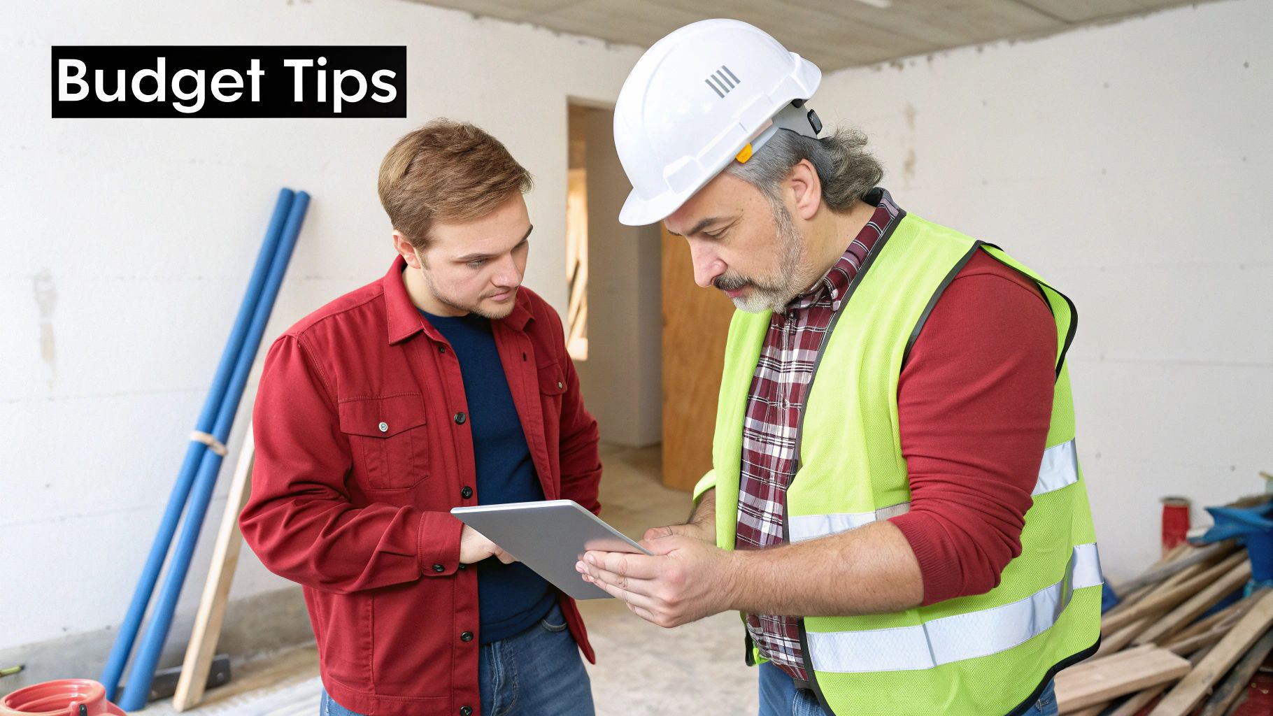 Two men, possibly a homeowner and a contractor, reviewing plans on a tablet at a construction site.