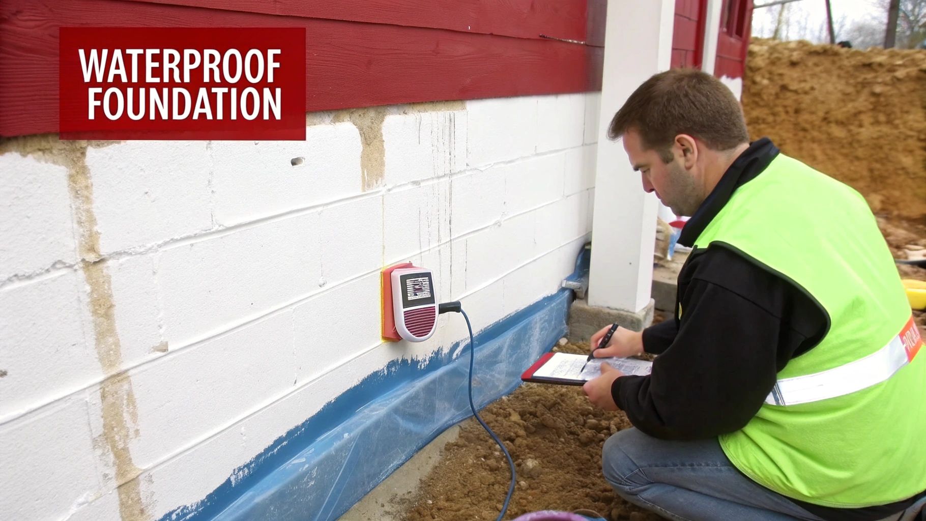Professional inspector testing basement foundation waterproofing with moisture detection device and tablet