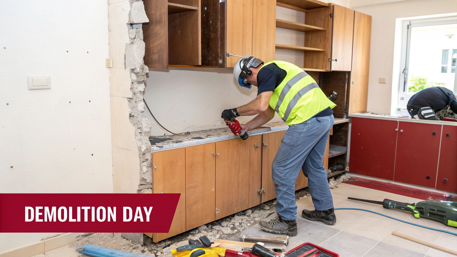 A construction worker in a safety vest and helmet demolishes a kitchen countertop during renovation.