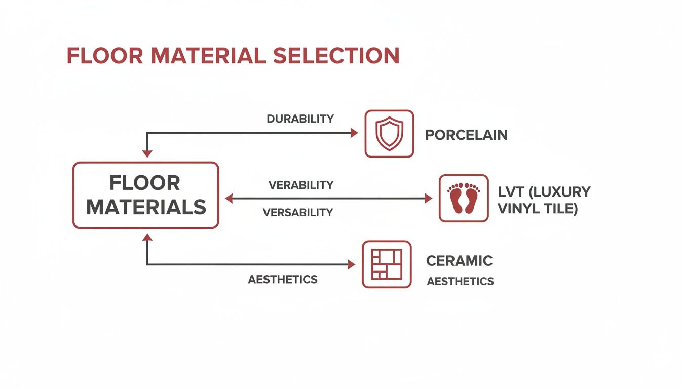 A diagram illustrating floor material selection based on durability (porcelain), verability/versability (LVT), and aesthetics (ceramic).