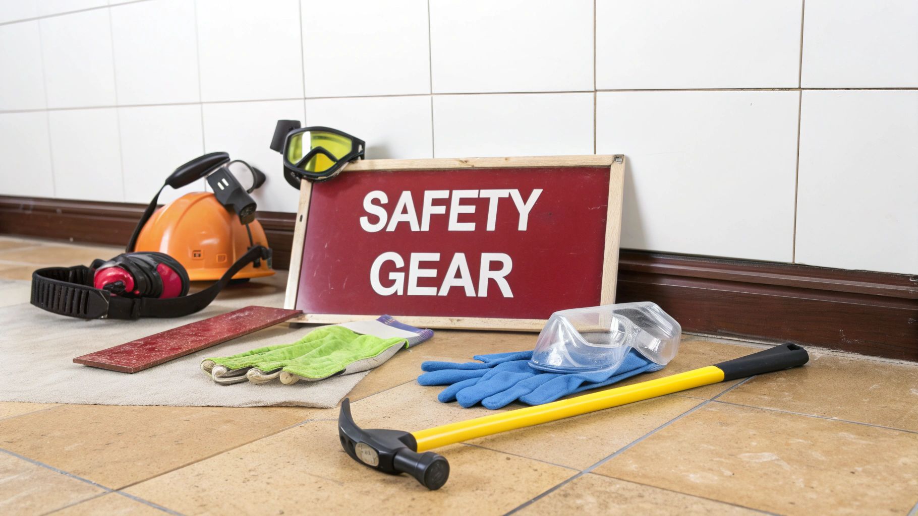 Various safety gear items like a hard hat, ear protection, goggles, and gloves next to a 'SAFETY GEAR' sign.