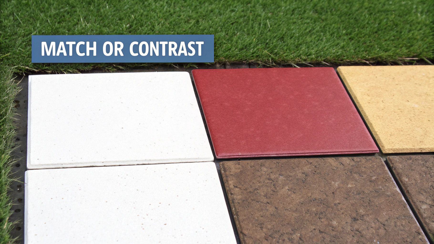 Six colored paving tiles, including white, red, yellow, and brown, laid on green grass with 'MATCH OR CONTRAST' text.