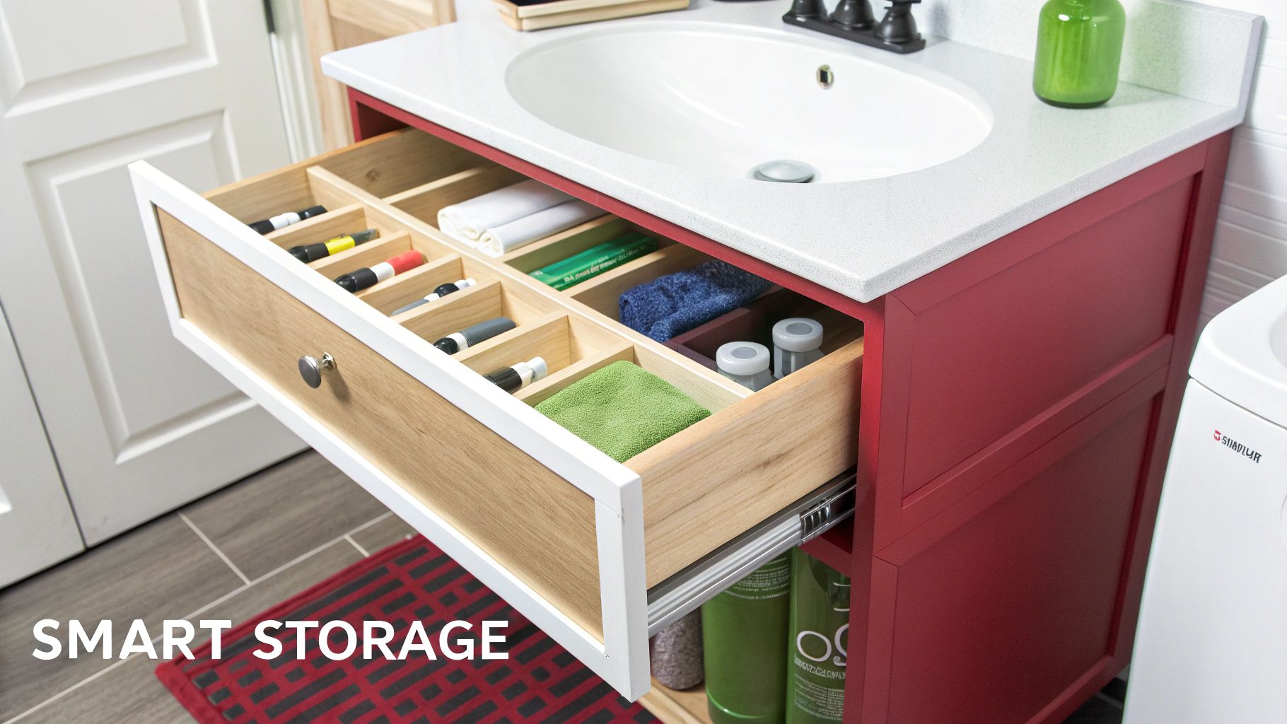 An open wooden drawer in a red bathroom vanity reveals organized compartments with towels and toiletries.