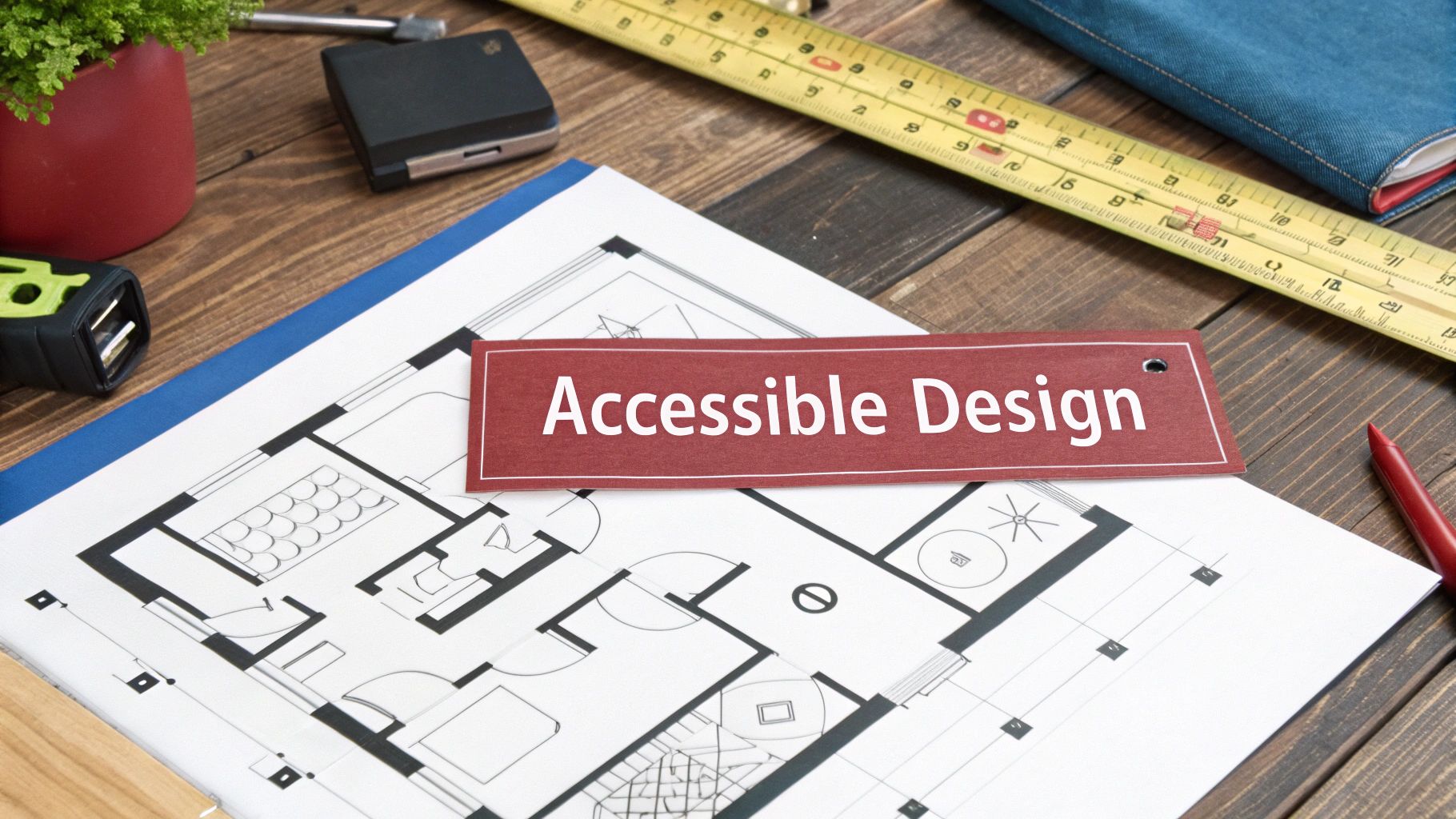 Architectural floor plans on a desk with a red sign reading 'Accessible Design', emphasizing inclusive planning.