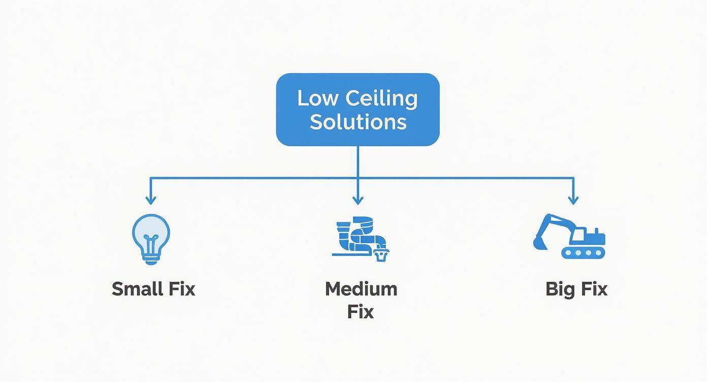Infographic decision tree showing small, medium, and big fixes for low basement ceilings.