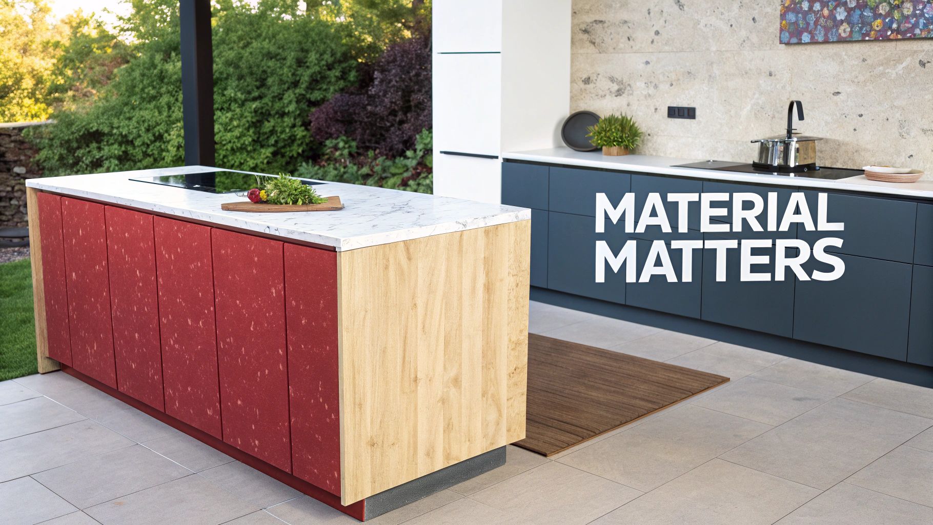 Modern outdoor kitchen featuring a red and wood island with a marble countertop and dark blue cabinets.